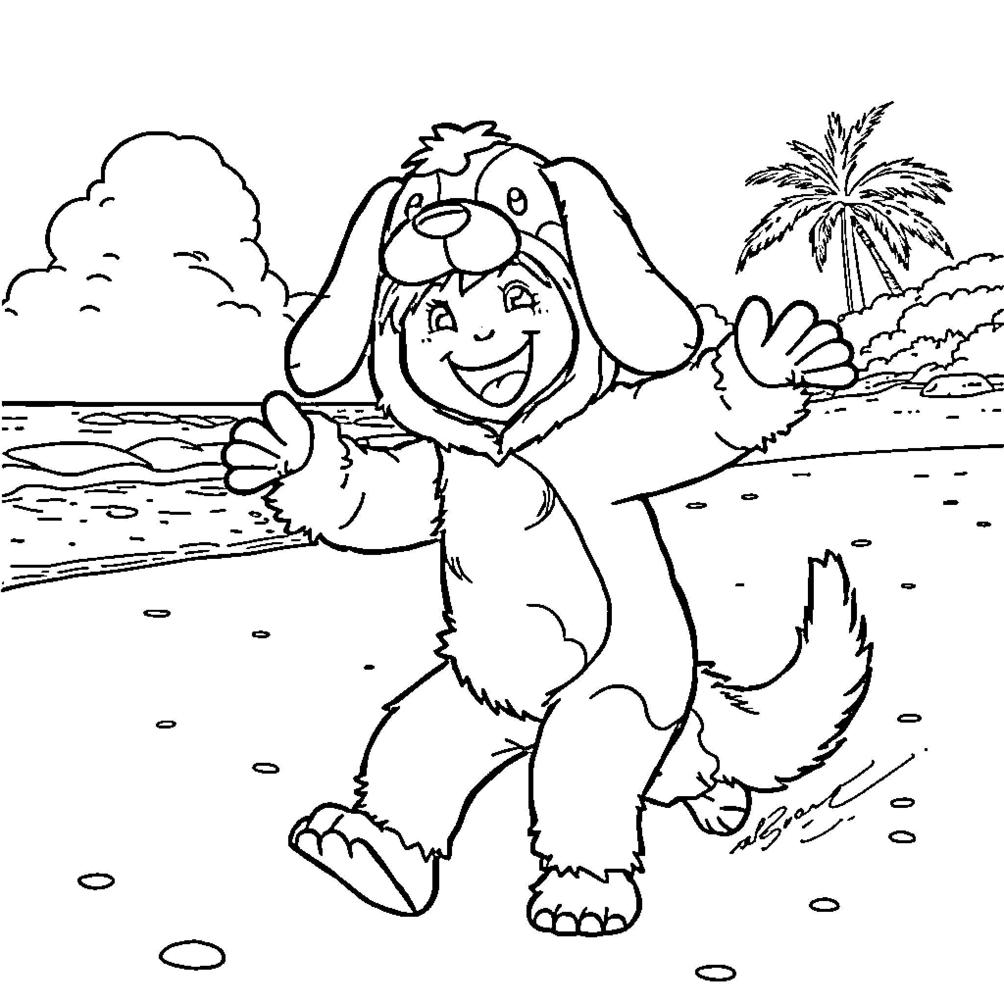 Dog playing happily on the beach Coloring Page (free black-and-white line drawing printable PDF for all, from beginners to advanced learners, including children, teens, adults, and seniors)