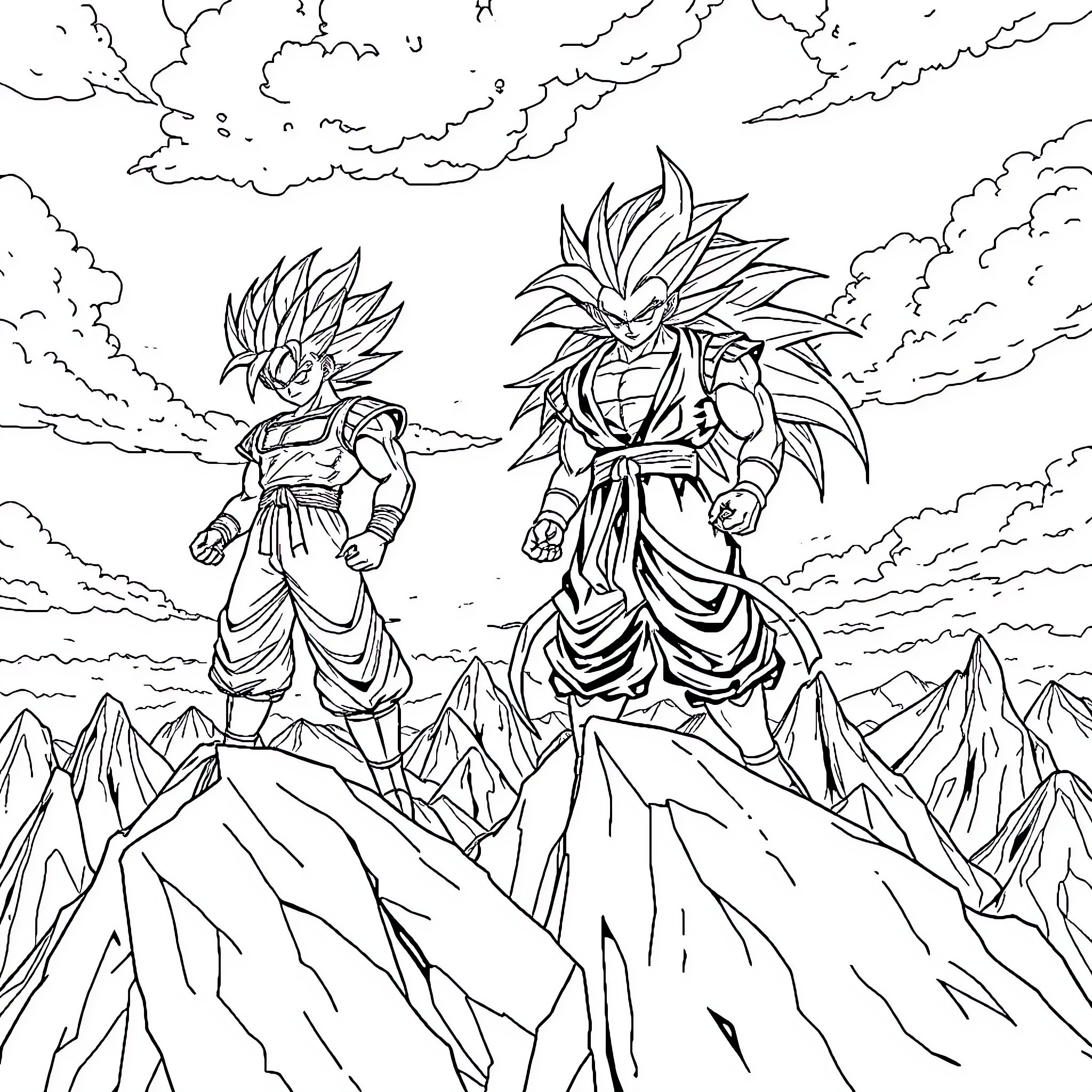 Gogeta in an intense battle scene Coloring Page (free black-and-white line drawing printable PDF for all, from beginners to advanced learners, including children, teens, adults, and seniors)