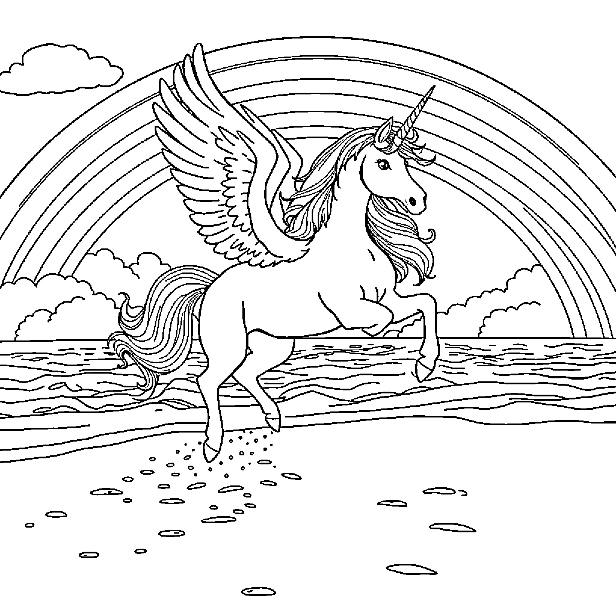 Pegasus soaring under rainbow in enchanting landscape Coloring Page (free black-and-white line drawing printable PDF for all, from beginners to advanced learners, including children, teens, adults, and seniors)