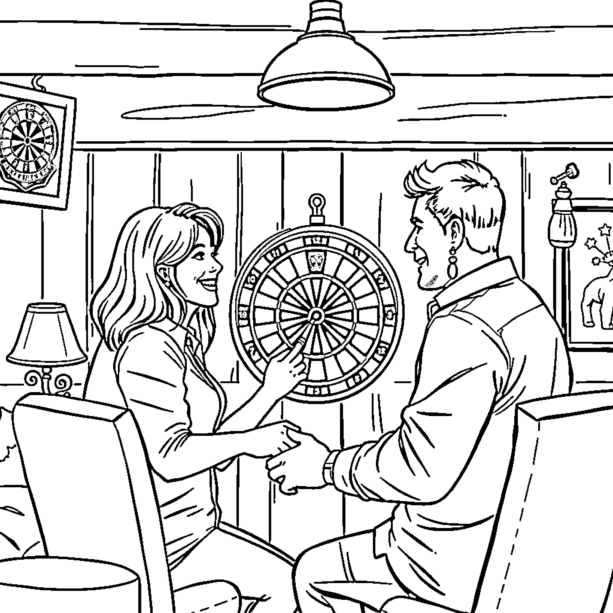 Couple Enjoying Game Night Together Coloring Page (free black-and-white line drawing printable PDF for all, from beginners to advanced learners, including children, teens, adults, and seniors)