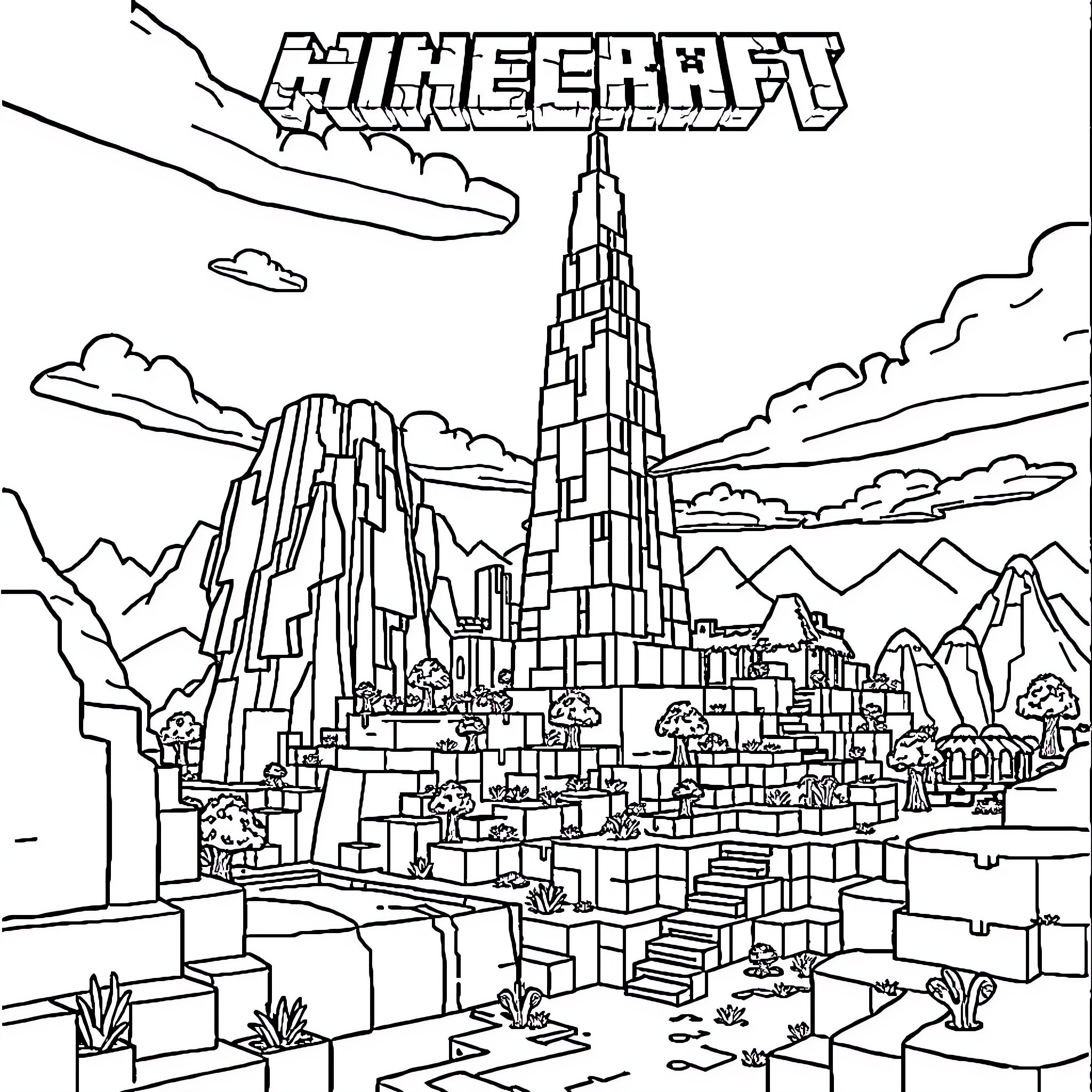 Minecraft Cityscape with Towering Buildings Coloring Page (free black-and-white line drawing printable PDF for all, from beginners to advanced learners, including children, teens, adults, and seniors)