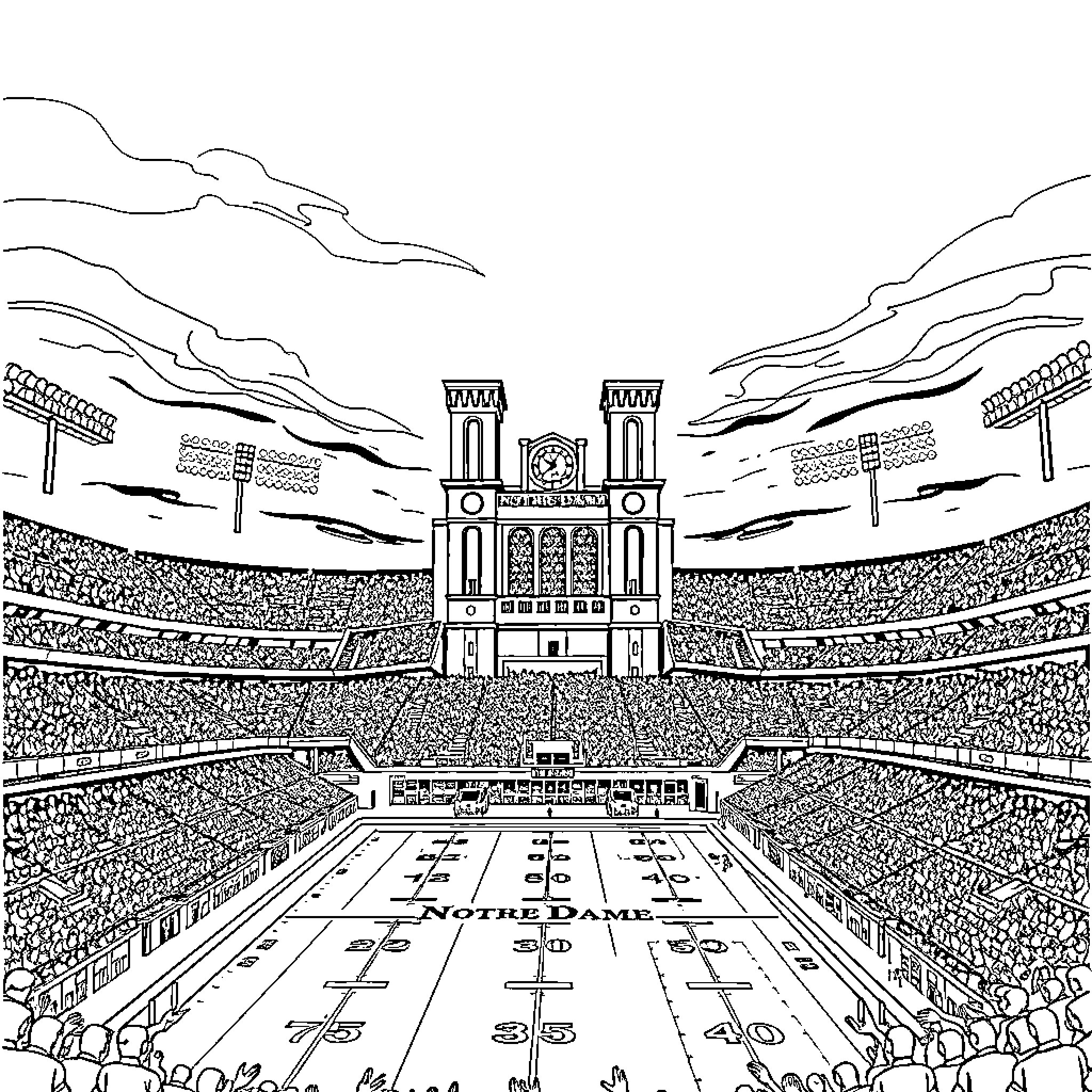 Stadium with spectators watching sports event Coloring Page (free black-and-white line drawing printable PDF for all, from beginners to advanced learners, including children, teens, adults, and seniors)