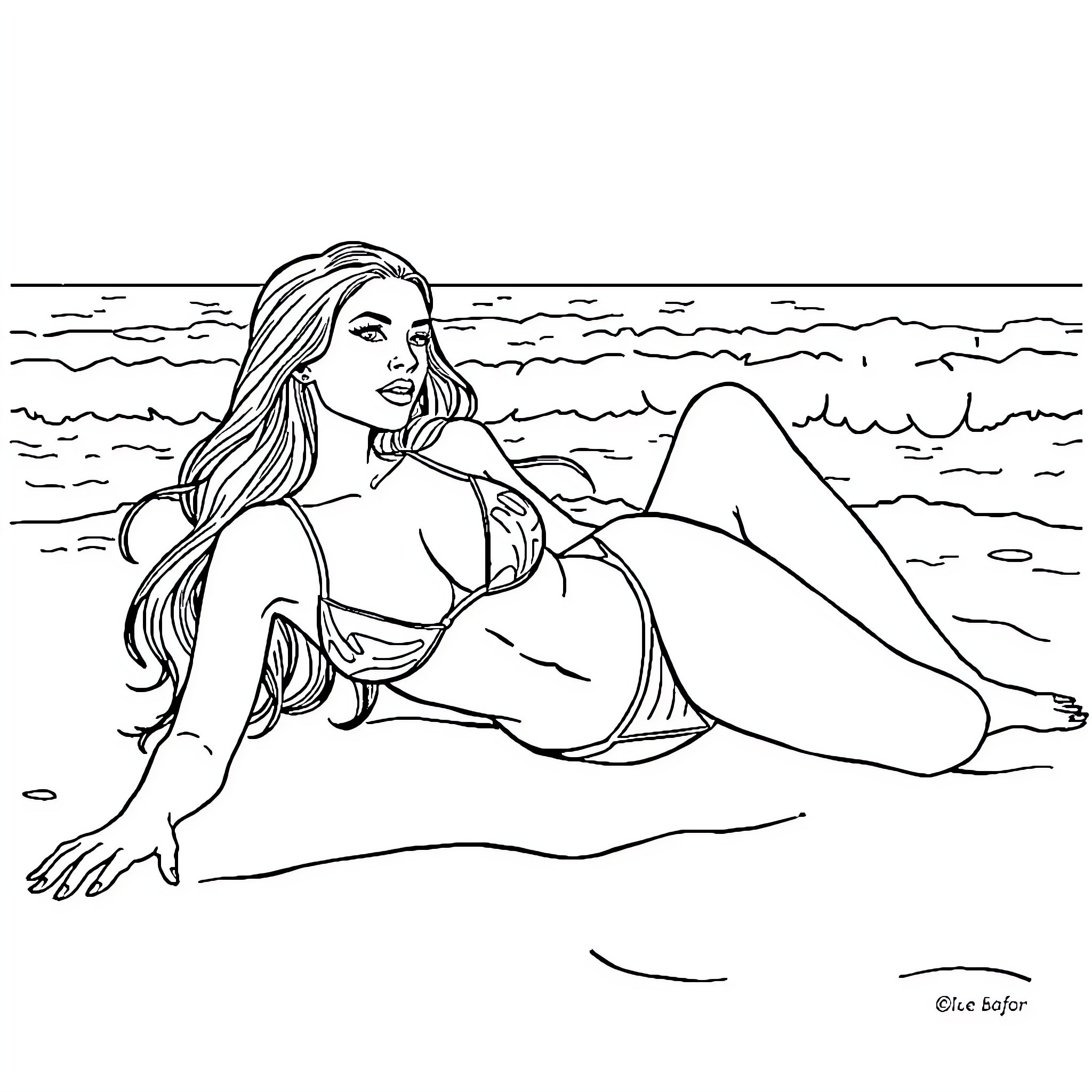 Megan Fox relaxing on the beach Coloring Page (free black-and-white line drawing printable PDF for all, from beginners to advanced learners, including children, teens, adults, and seniors)