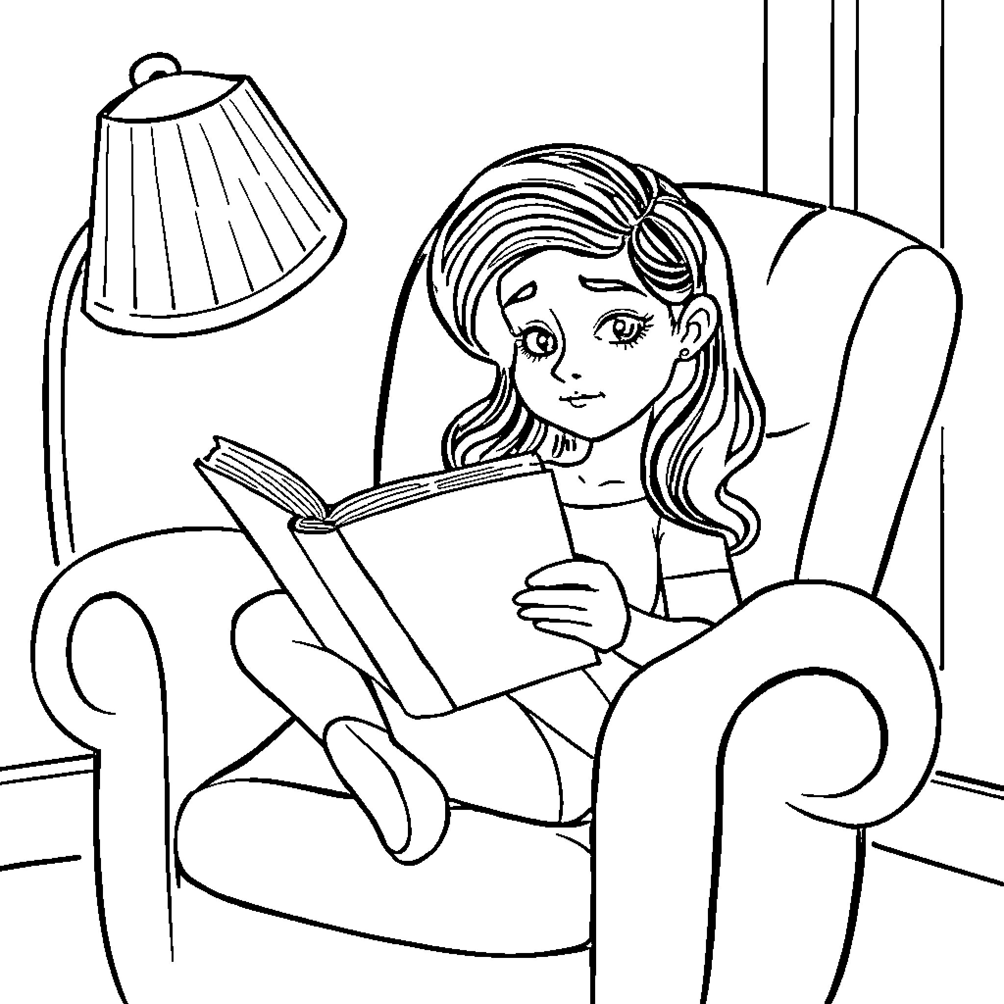 Rumy Relaxing and Reading in Cozy Corner Coloring Page (free black-and-white line drawing printable PDF for all, from beginners to advanced learners, including children, teens, adults, and seniors)