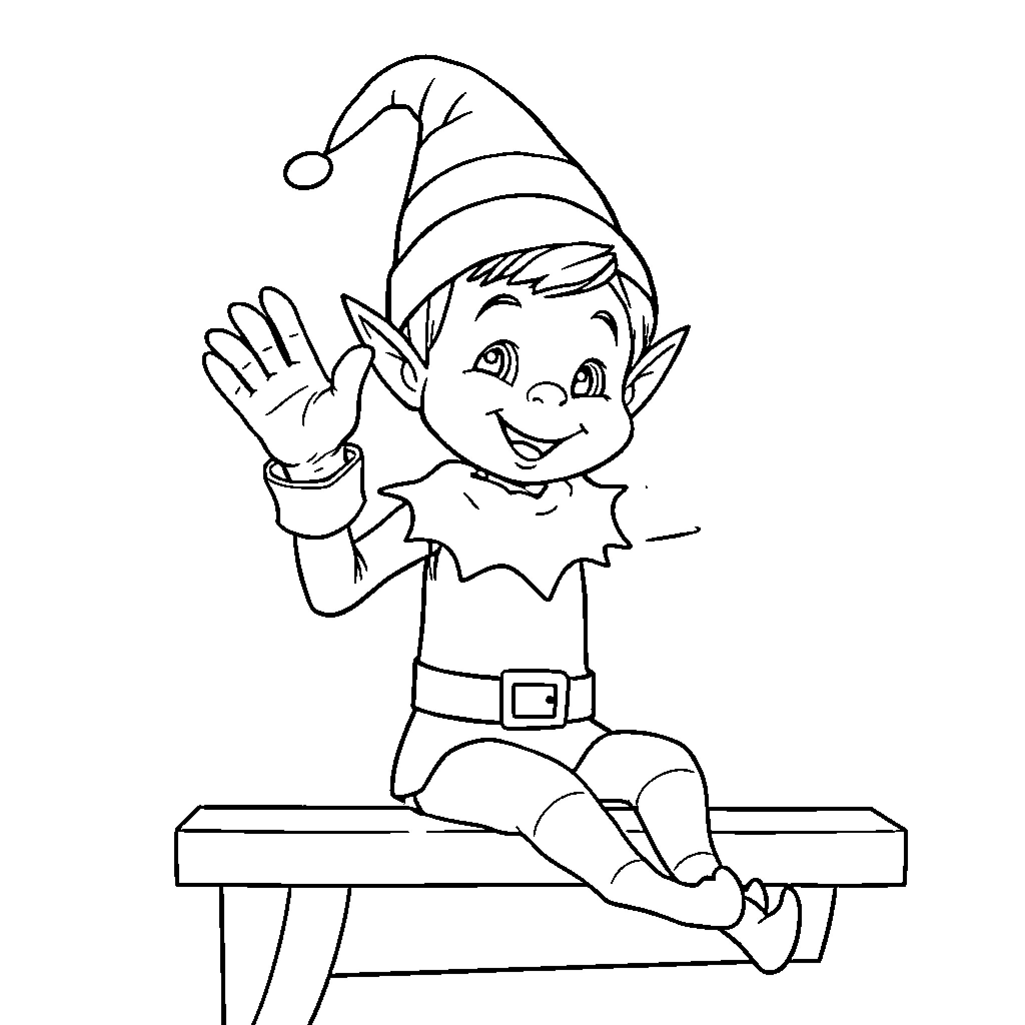 Elf waving happily from a ledge Coloring Page (free black-and-white line drawing printable PDF for all, from beginners to advanced learners, including children, teens, adults, and seniors)