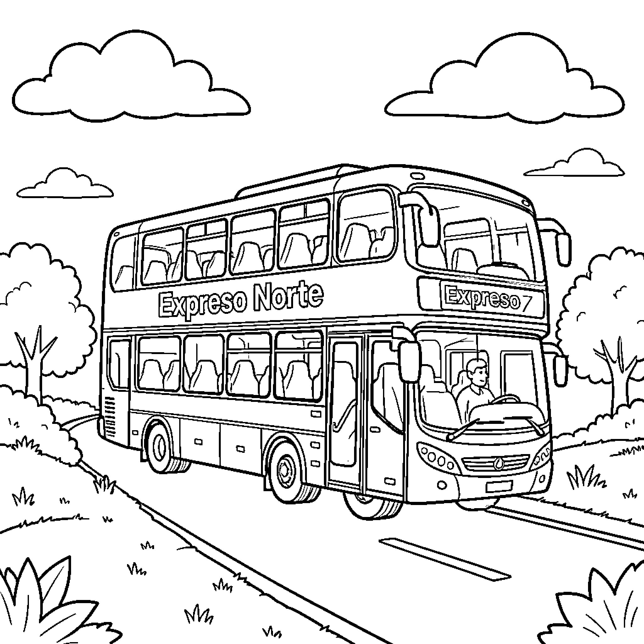 Bus driving along a scenic road through trees Coloring Page (free black-and-white line drawing printable PDF for all, from beginners to advanced learners, including children, teens, adults, and seniors)