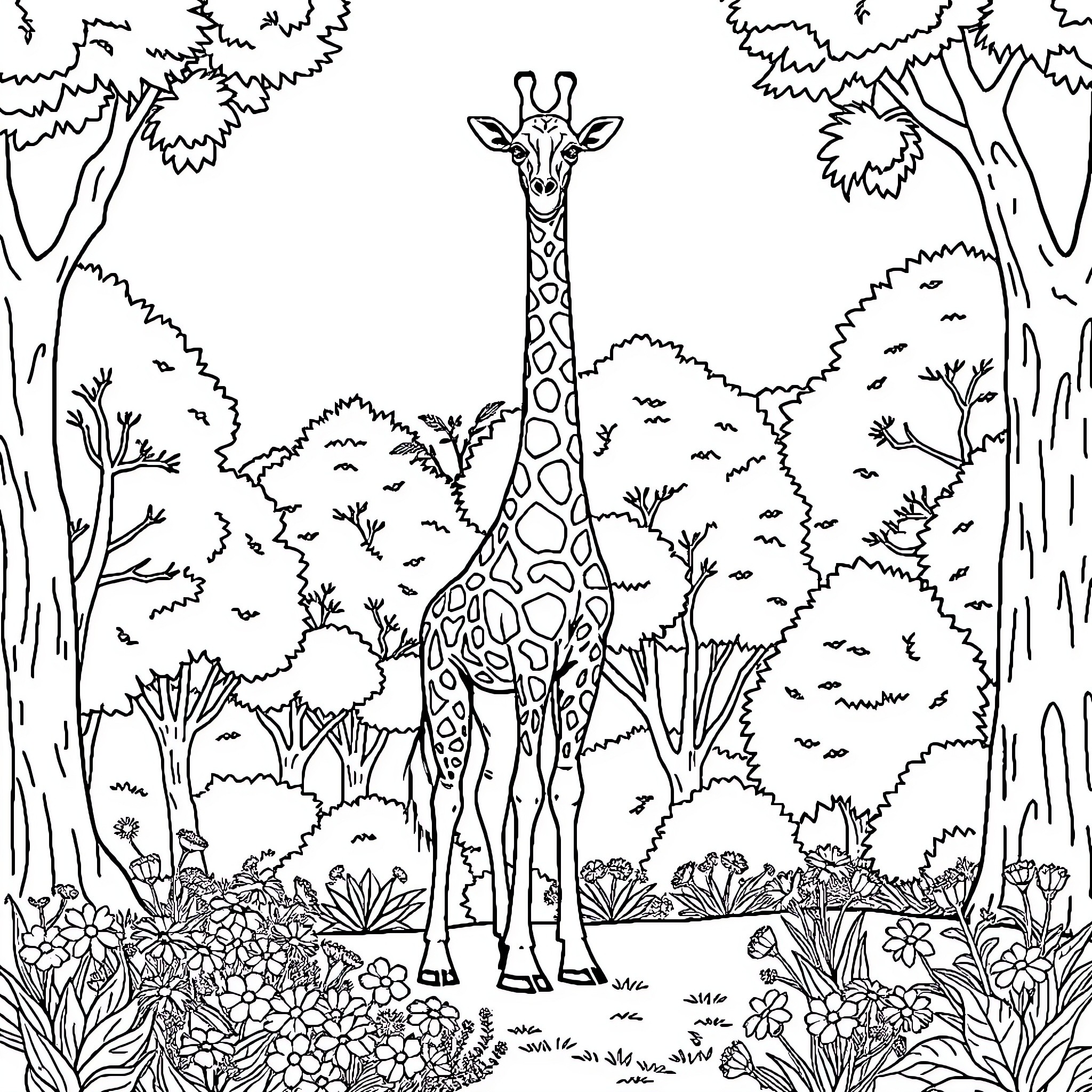 Giraffe standing tall in a lush forest landscape Coloring Page (free black-and-white line drawing printable PDF for all, from beginners to advanced learners, including children, teens, adults, and seniors)