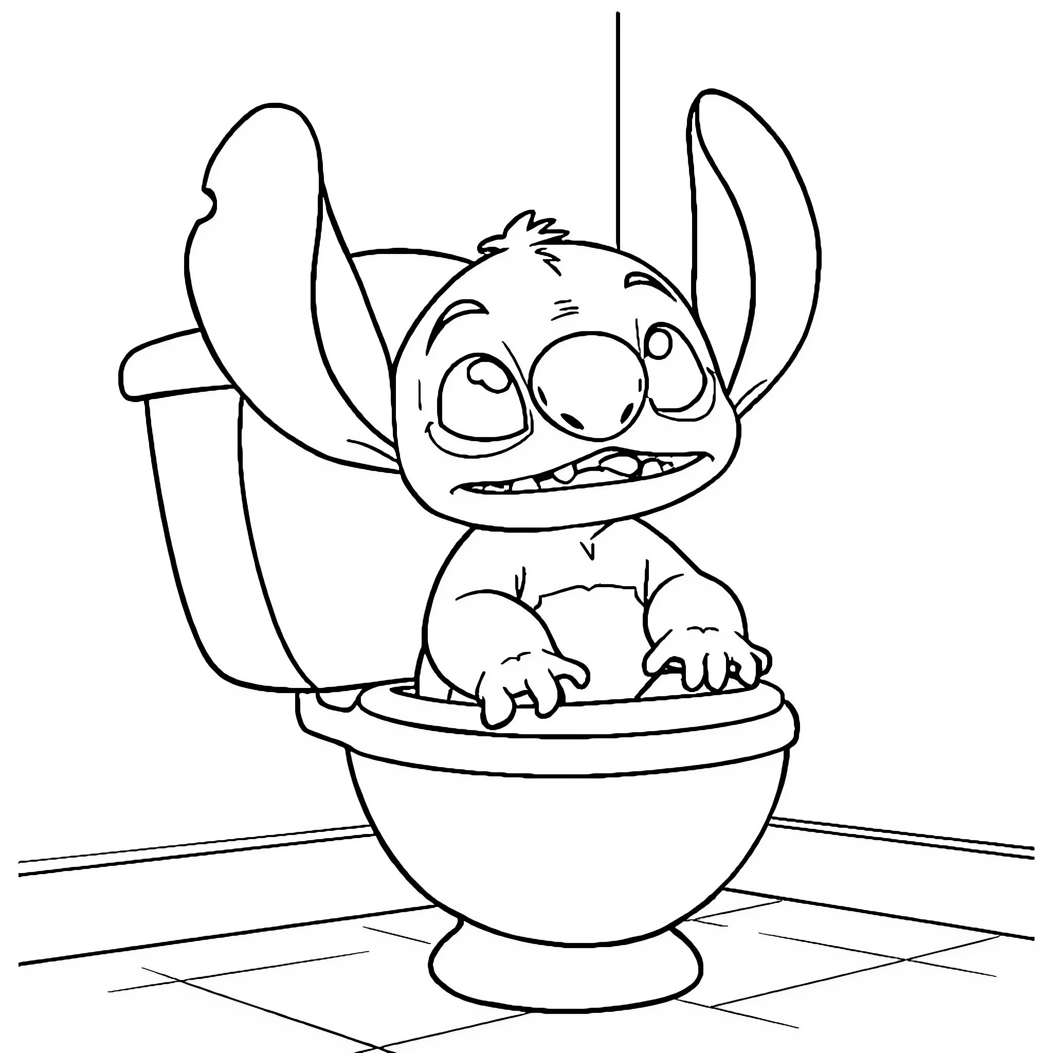 Stitch sitting mischievously on the toilet Coloring Page (free black-and-white line drawing printable PDF for all, from beginners to advanced learners, including children, teens, adults, and seniors)
