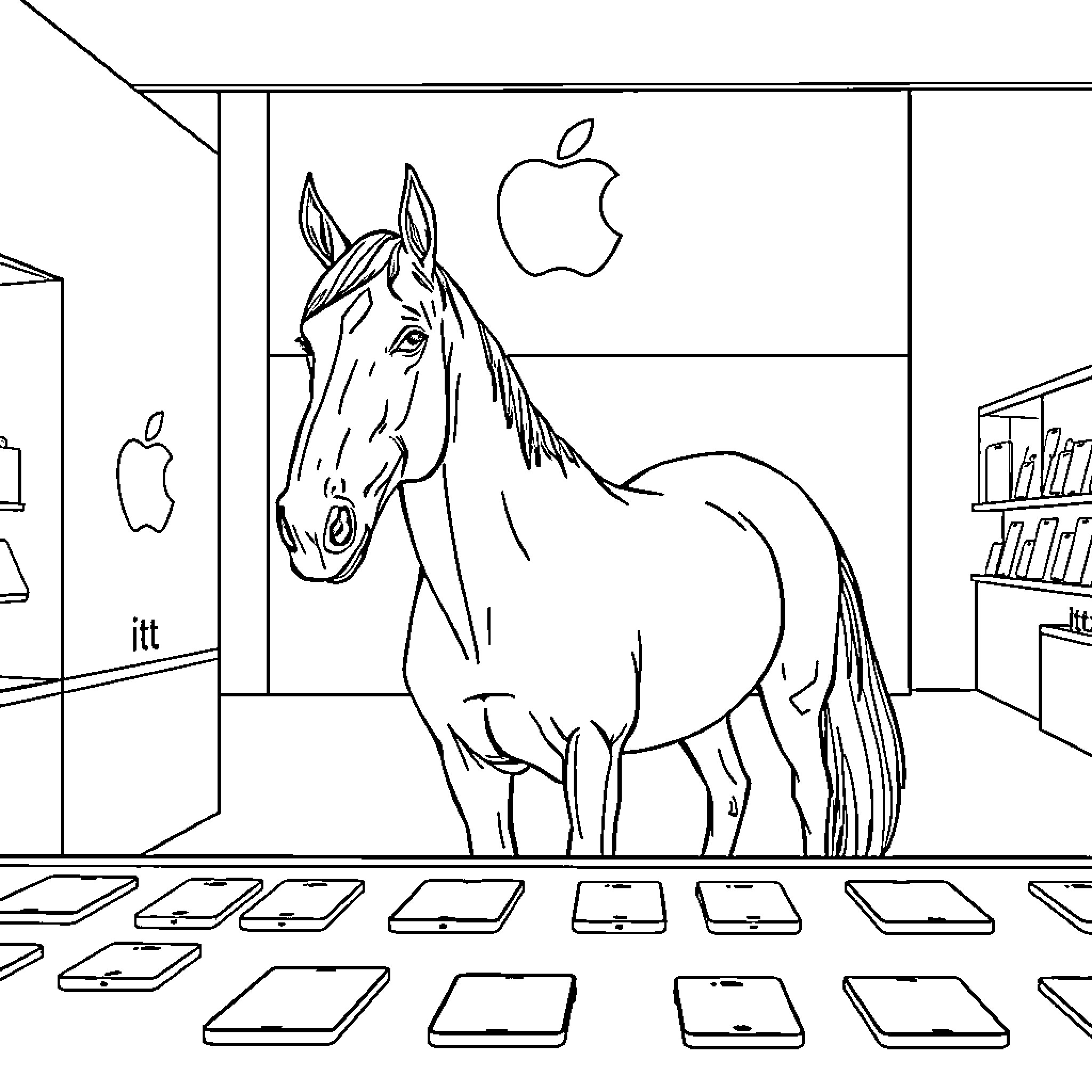 Horse in an Apple store Coloring Page (free black-and-white line drawing printable PDF for all, from beginners to advanced learners, including children, teens, adults, and seniors)