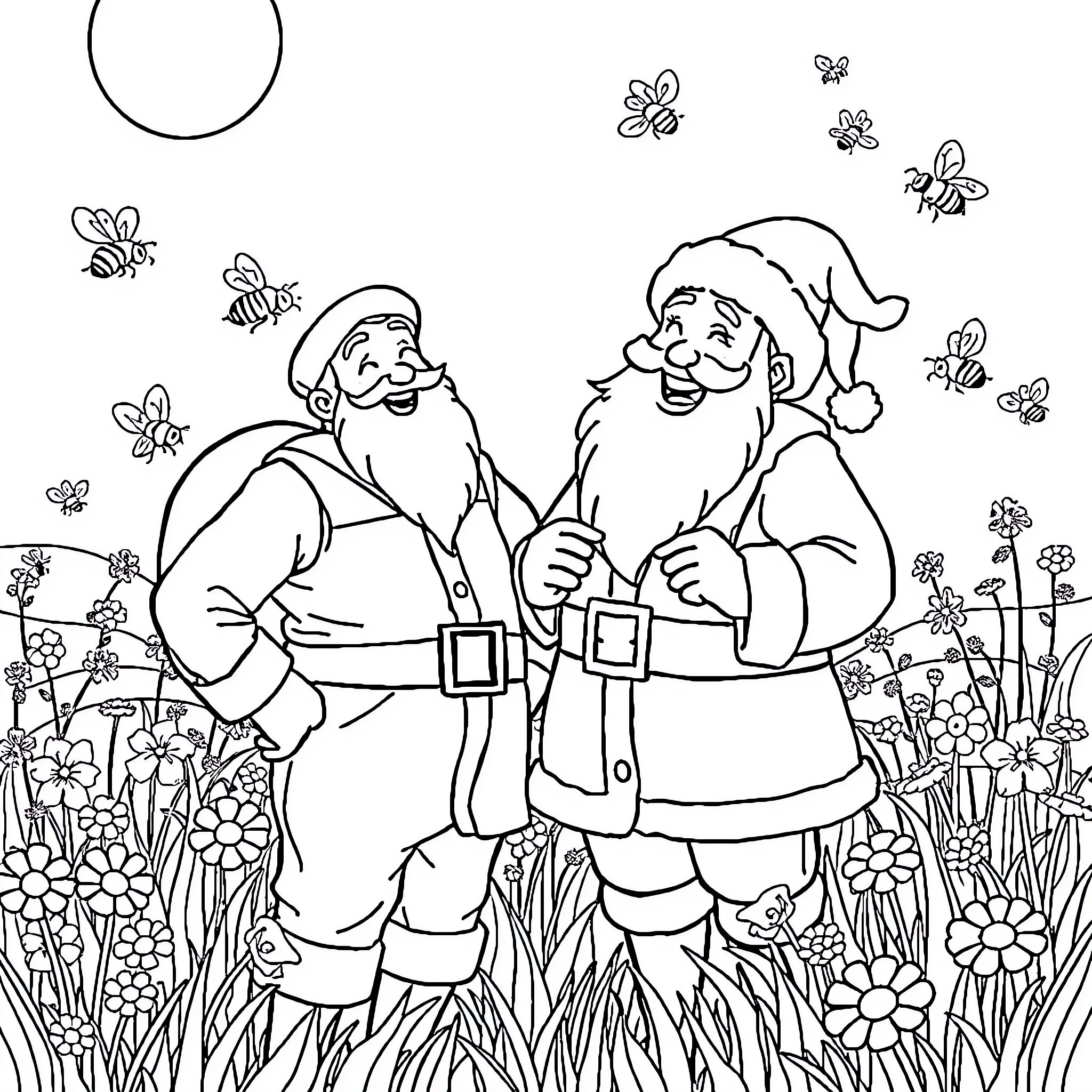 Beekeeper Santa and Elf Enjoying the Outdoors Coloring Page (free black-and-white line drawing printable PDF for all, from beginners to advanced learners, including children, teens, adults, and seniors)