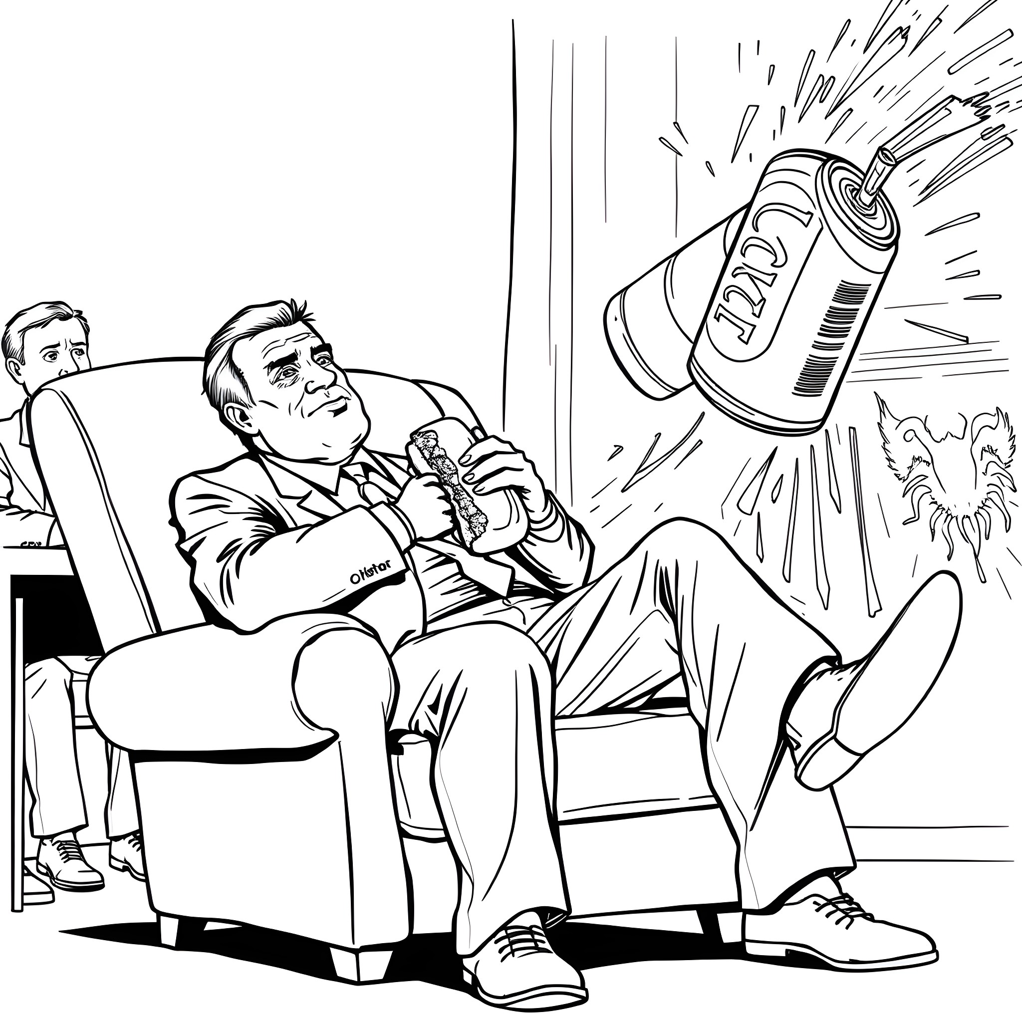 Fetterman relaxing and enjoying a refreshing beverage Coloring Page (free black-and-white line drawing printable PDF for all, from beginners to advanced learners, including children, teens, adults, and seniors)