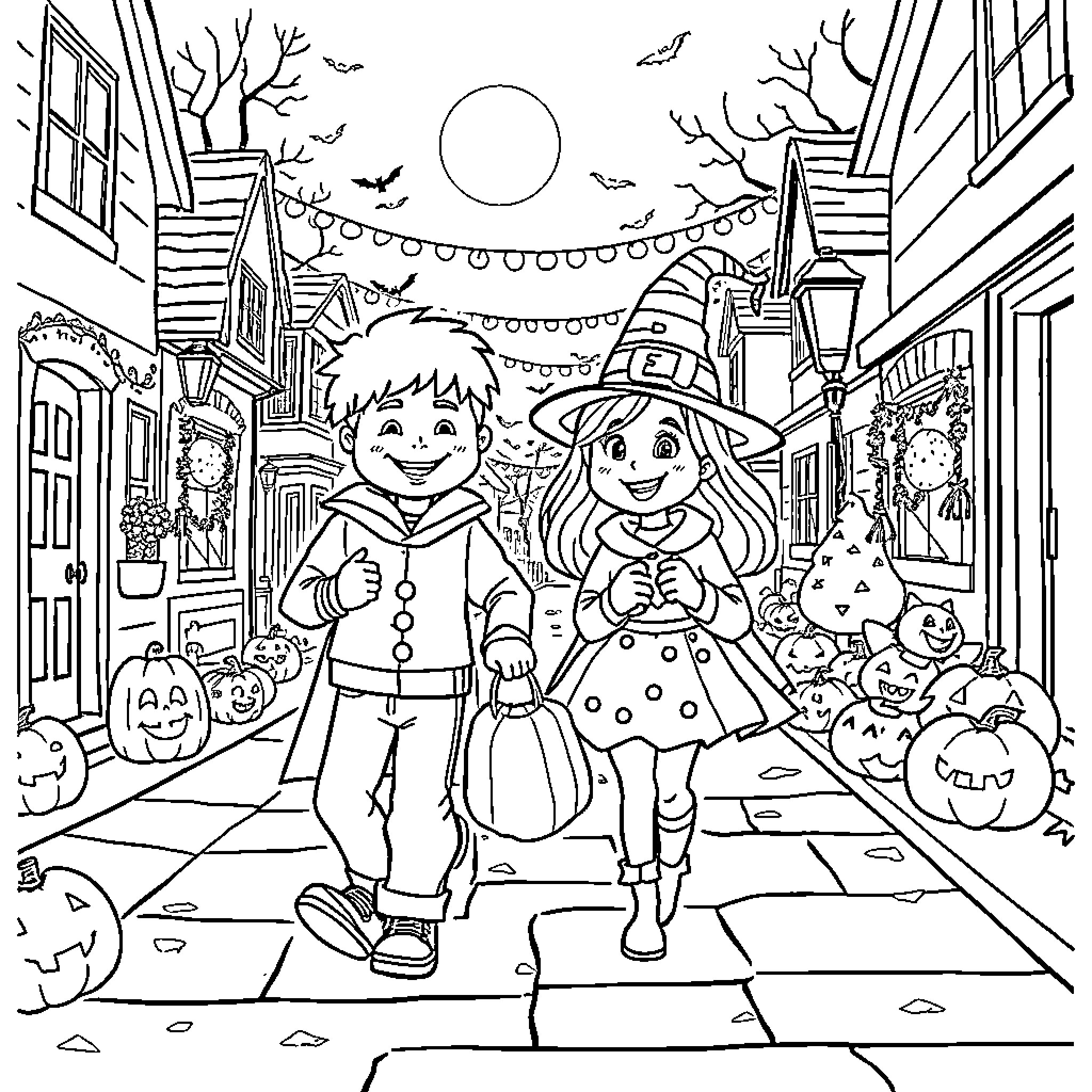 Steve's Spooky Halloween Adventure Coloring Page (free black-and-white line drawing printable PDF for all, from beginners to advanced learners, including children, teens, adults, and seniors)