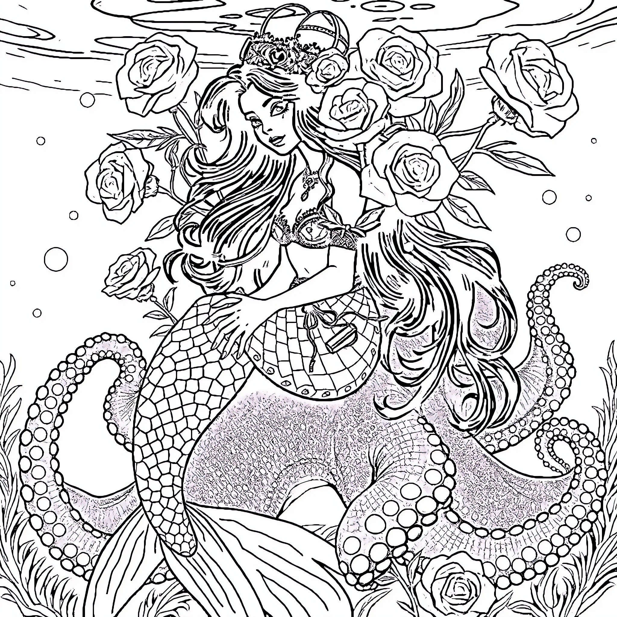 Mermaid among rose flowers and sea creatures Coloring Page (free black-and-white line drawing printable PDF for all, from beginners to advanced learners, including children, teens, adults, and seniors)