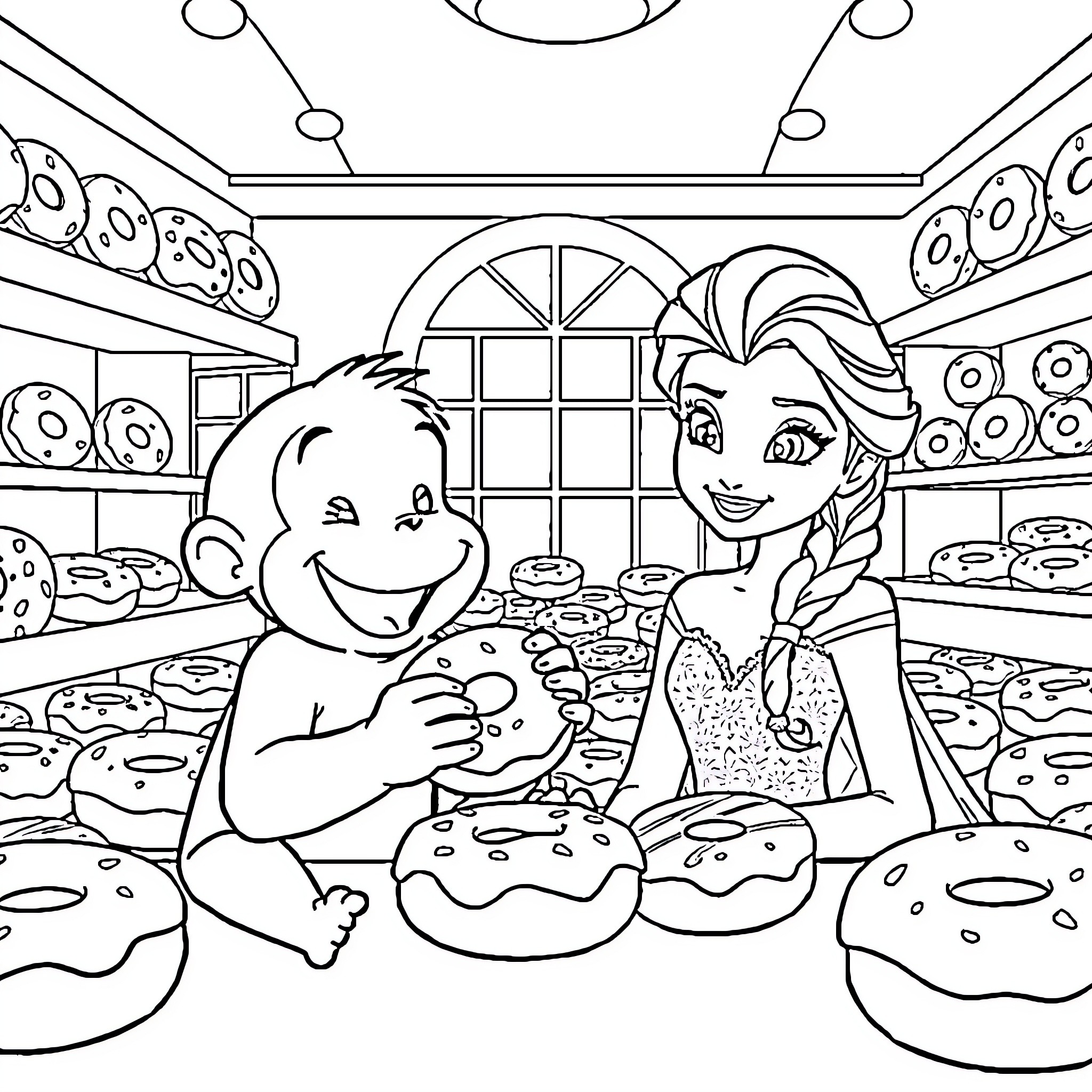 Curious George and Elsa Enjoy Baking Donuts Coloring Page (free black-and-white line drawing printable PDF for all, from beginners to advanced learners, including children, teens, adults, and seniors)