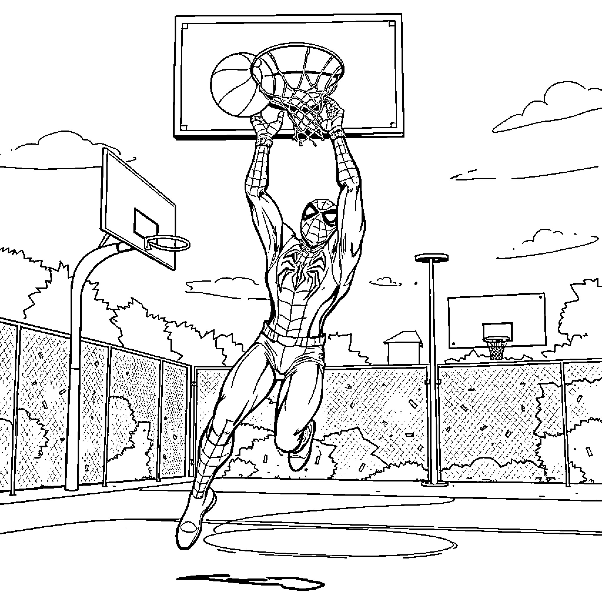 Spiderman dunking a basketball on an outdoor court Coloring Page (free black-and-white line drawing printable PDF for all, from beginners to advanced learners, including children, teens, adults, and seniors)