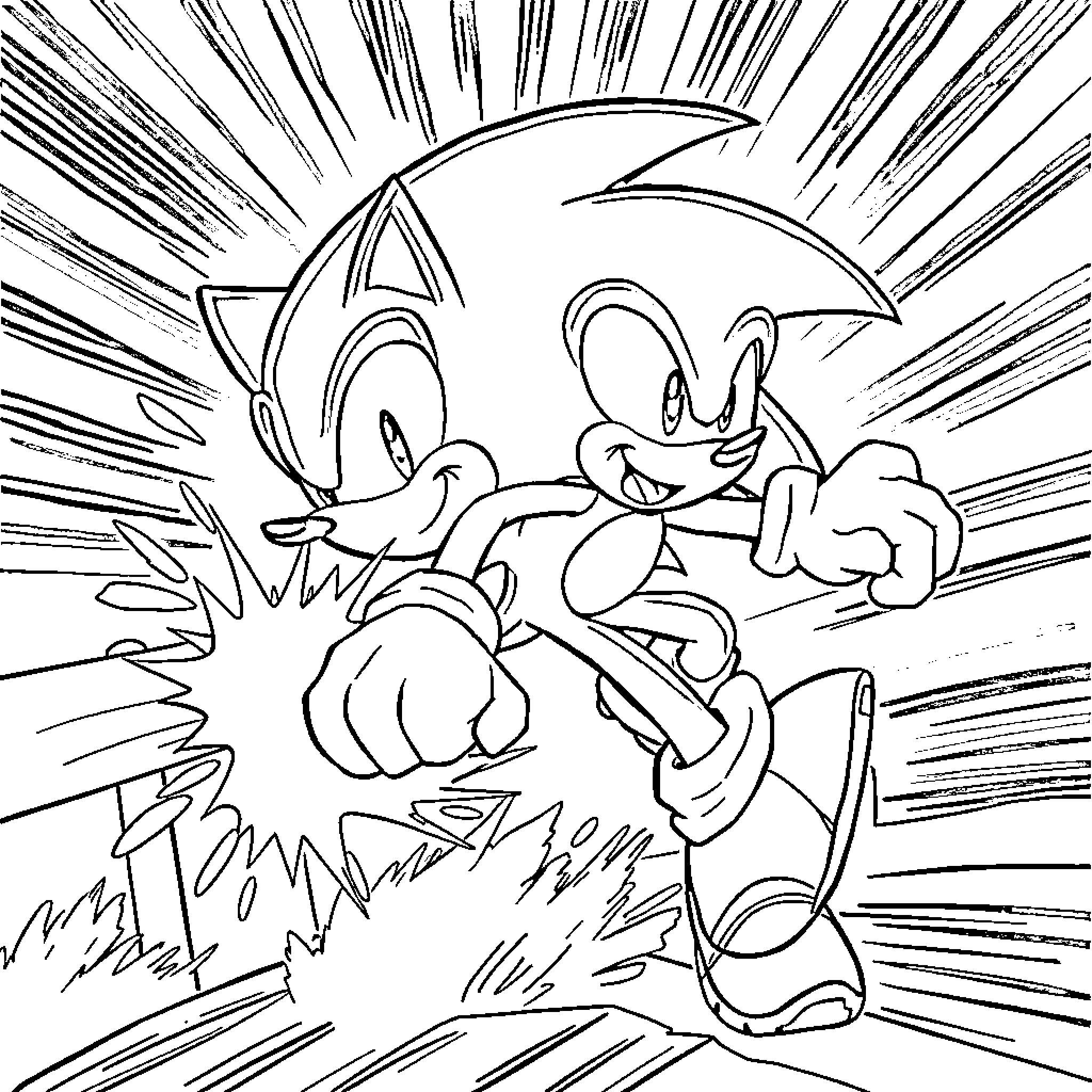 Sonic's Energetic Exploits in a Dynamic Scene Coloring Page (free black-and-white line drawing printable PDF for all, from beginners to advanced learners, including children, teens, adults, and seniors)