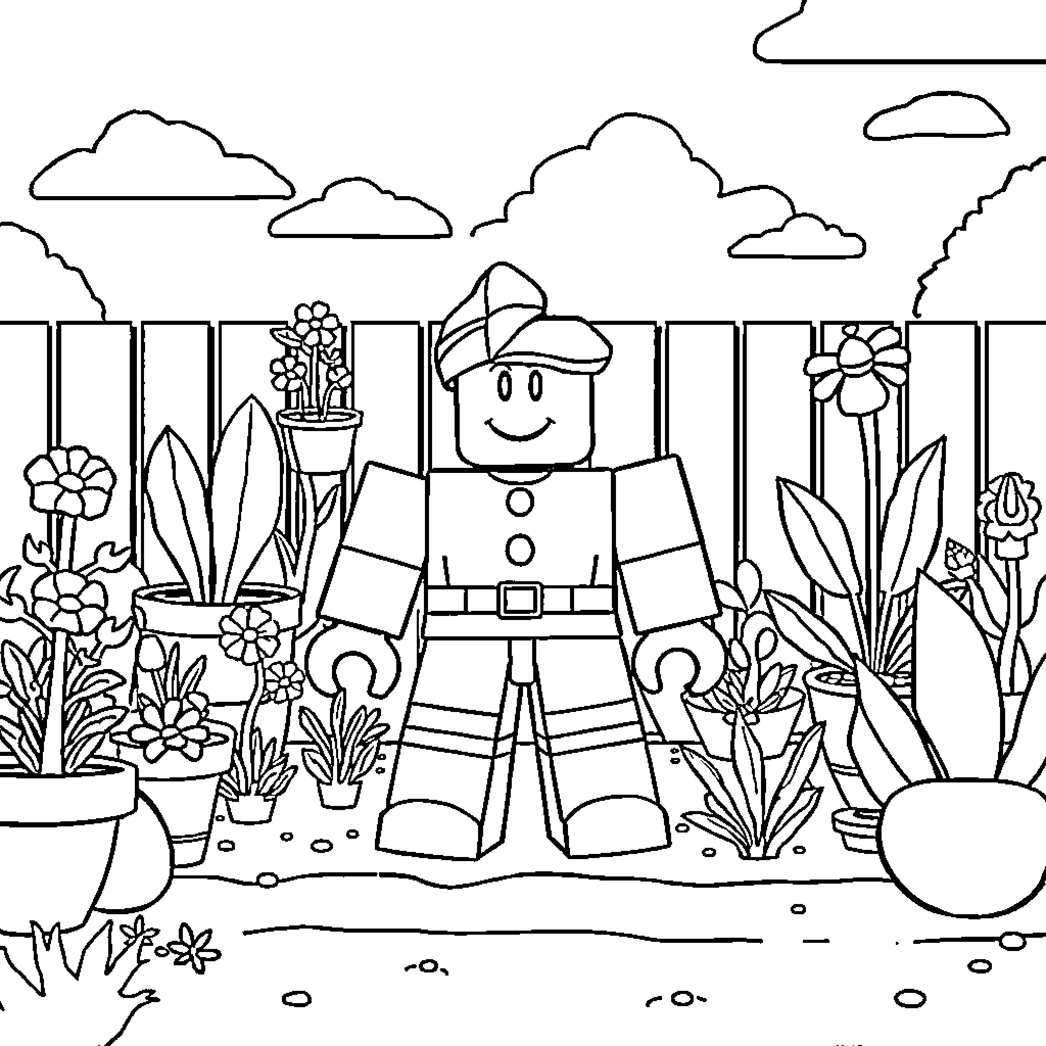Roblox character gardening in a flowery landscape Coloring Page (free black-and-white line drawing printable PDF for all, from beginners to advanced learners, including children, teens, adults, and seniors)