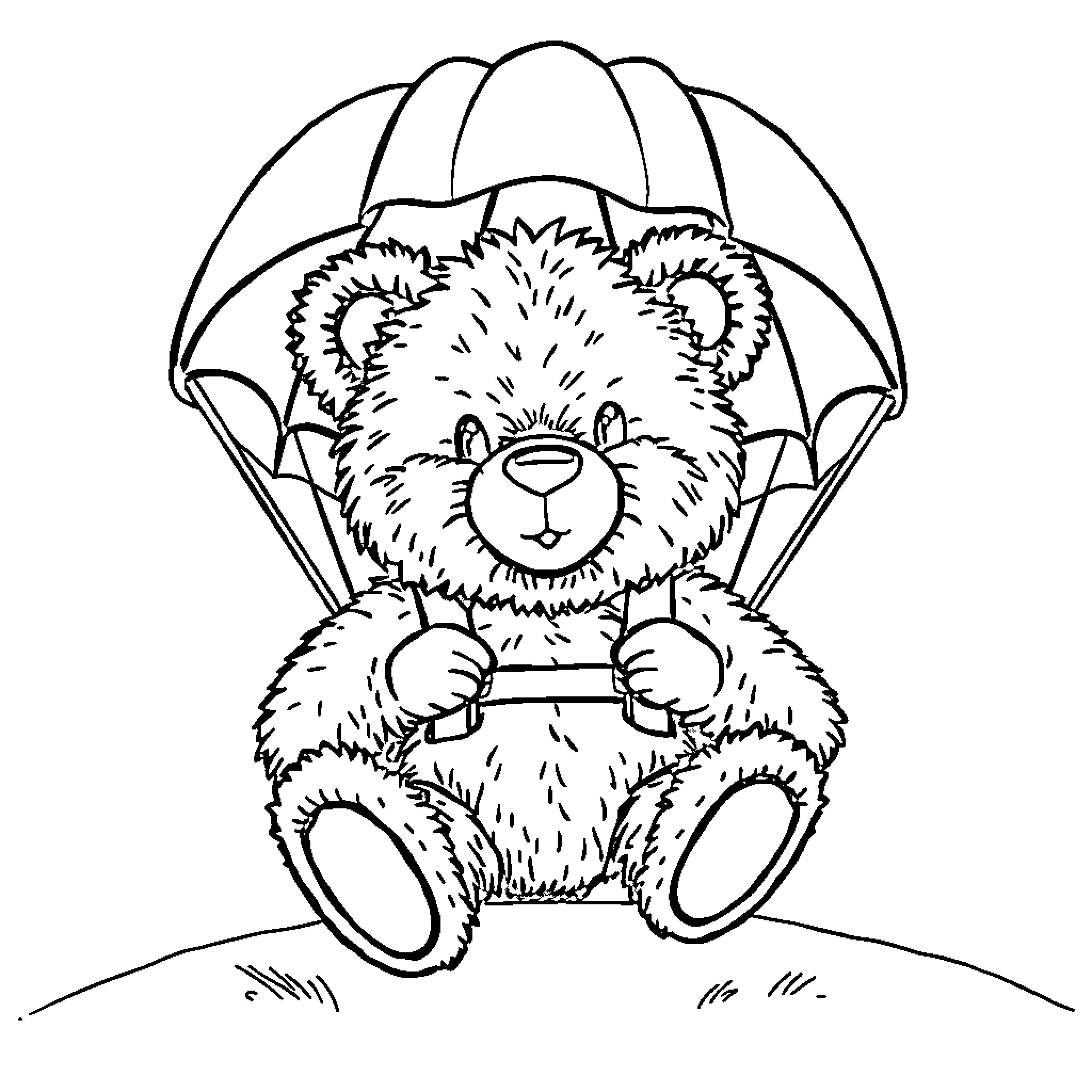 Teddy Bear skydiving with parachute Coloring Page (free black-and-white line drawing printable PDF for all, from beginners to advanced learners, including children, teens, adults, and seniors)