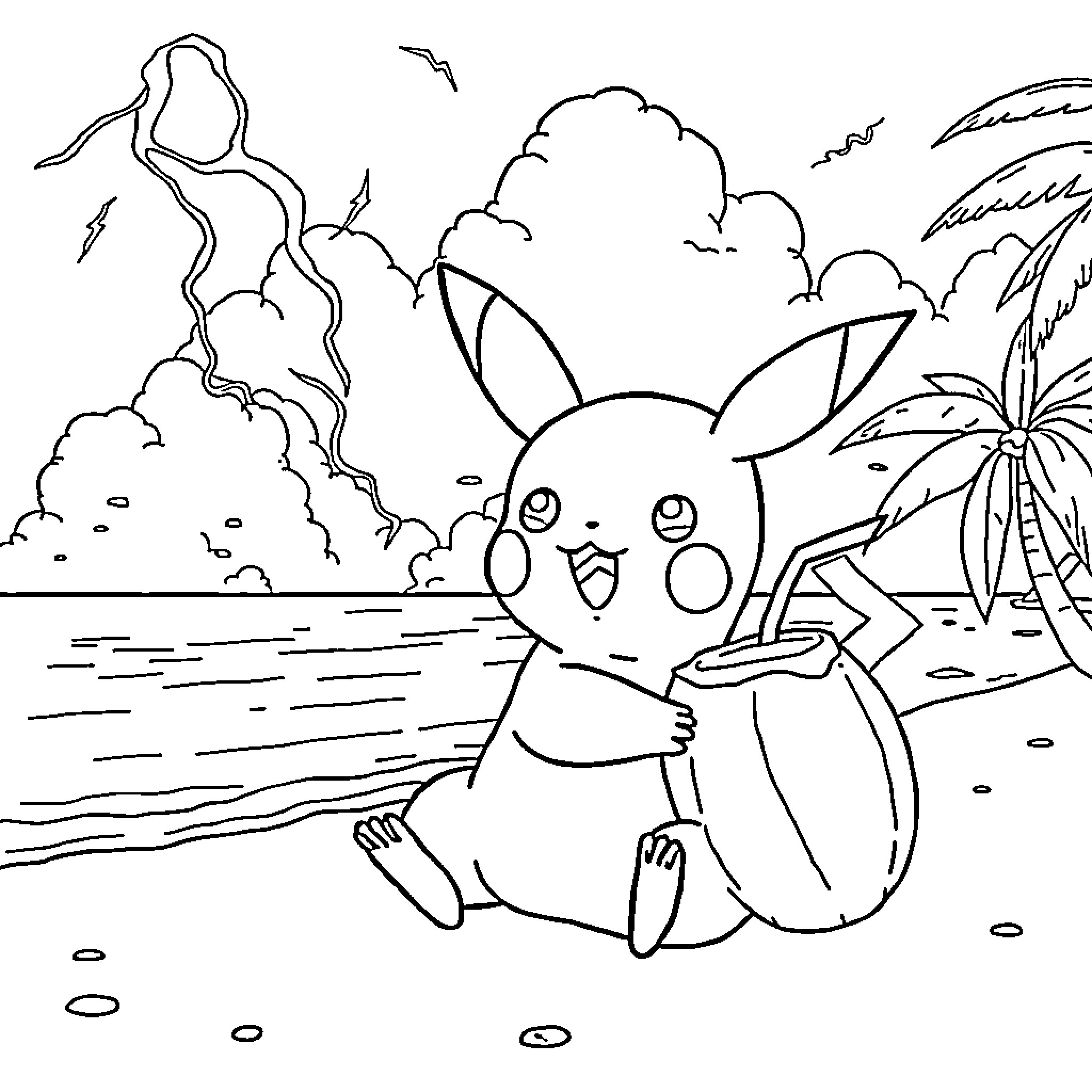 Pikachu enjoying a tropical beach adventure Coloring Page (free black-and-white line drawing printable PDF for all, from beginners to advanced learners, including children, teens, adults, and seniors)