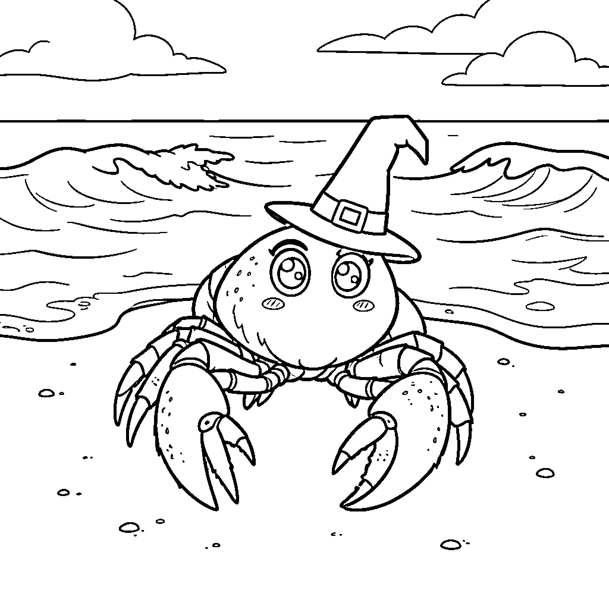Crab wearing a witch hat on the beach Coloring Page (free black-and-white line drawing printable PDF for all, from beginners to advanced learners, including children, teens, adults, and seniors)