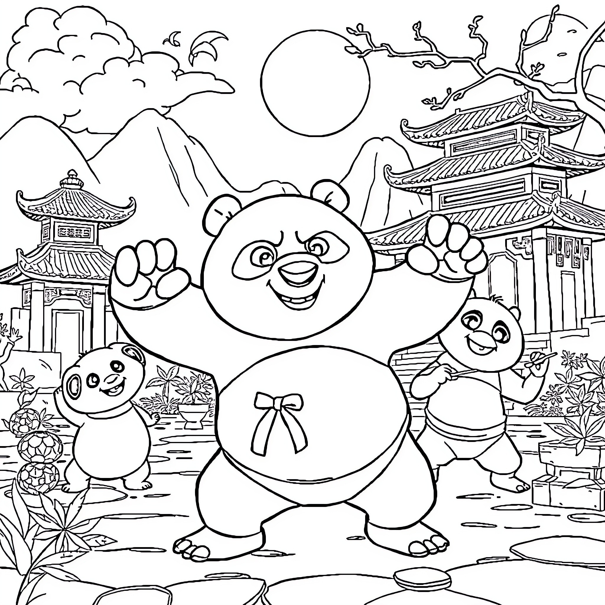 Kung Fu Panda adventures in a Chinese landscape Coloring Page (free black-and-white line drawing printable PDF for all, from beginners to advanced learners, including children, teens, adults, and seniors)