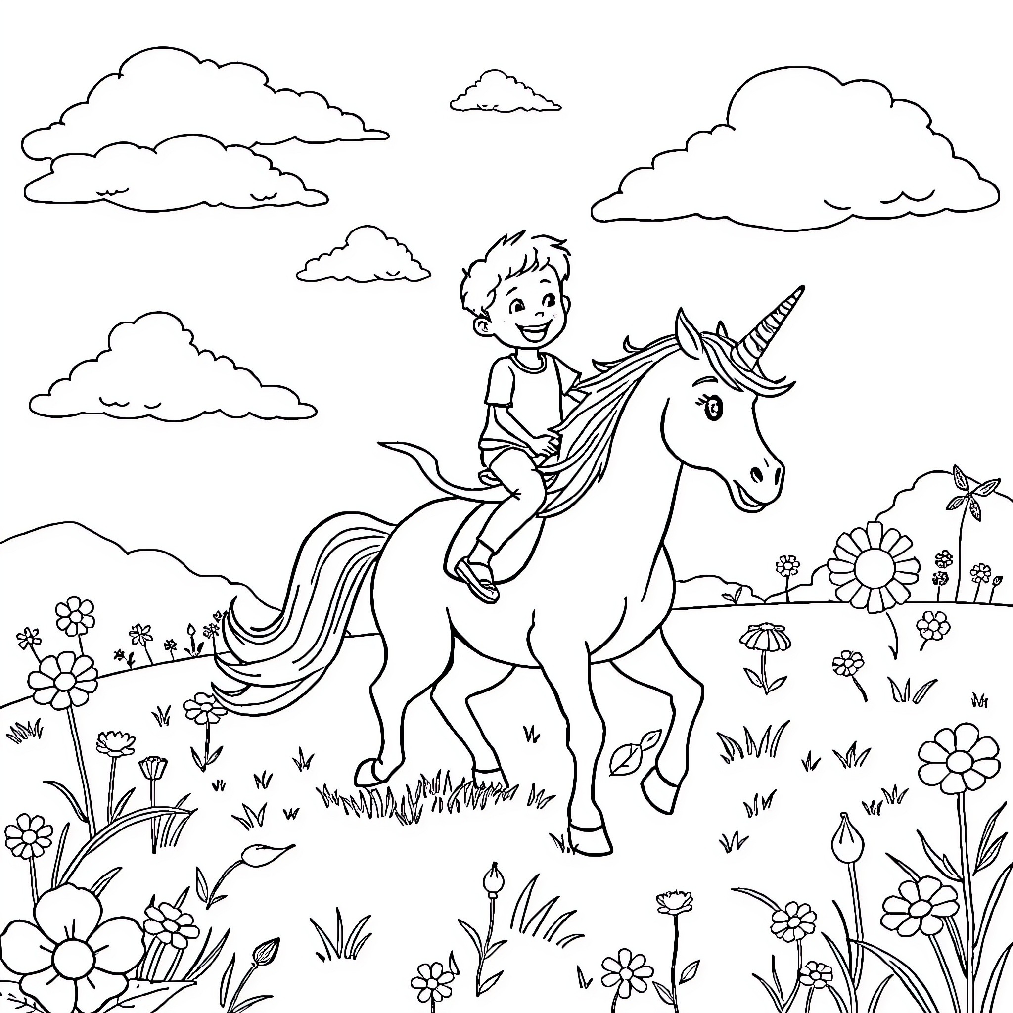 Boy riding a unicorn in a field of flowers Coloring Page (free black-and-white line drawing printable PDF for all, from beginners to advanced learners, including children, teens, adults, and seniors)