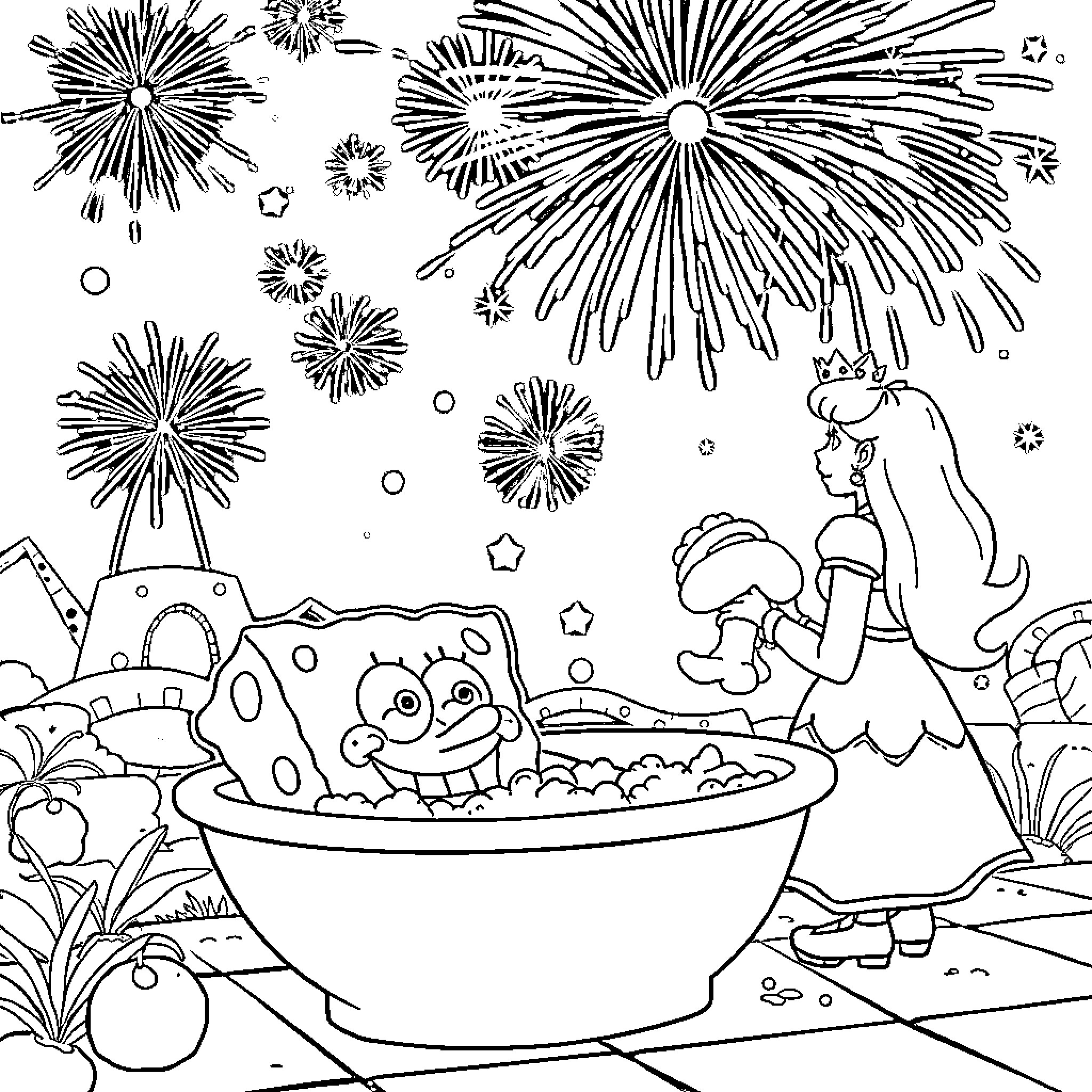 SpongeBob SquarePants celebrating with friends under fireworks Coloring Page (free black-and-white line drawing printable PDF for all, from beginners to advanced learners, including children, teens, adults, and seniors)