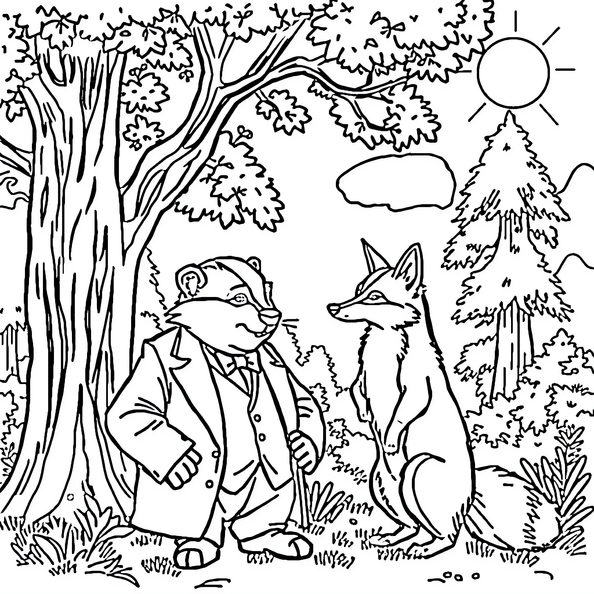 Badger and Fox in the Enchanted Forest Coloring Page (free black-and-white line drawing printable PDF for all, from beginners to advanced learners, including children, teens, adults, and seniors)