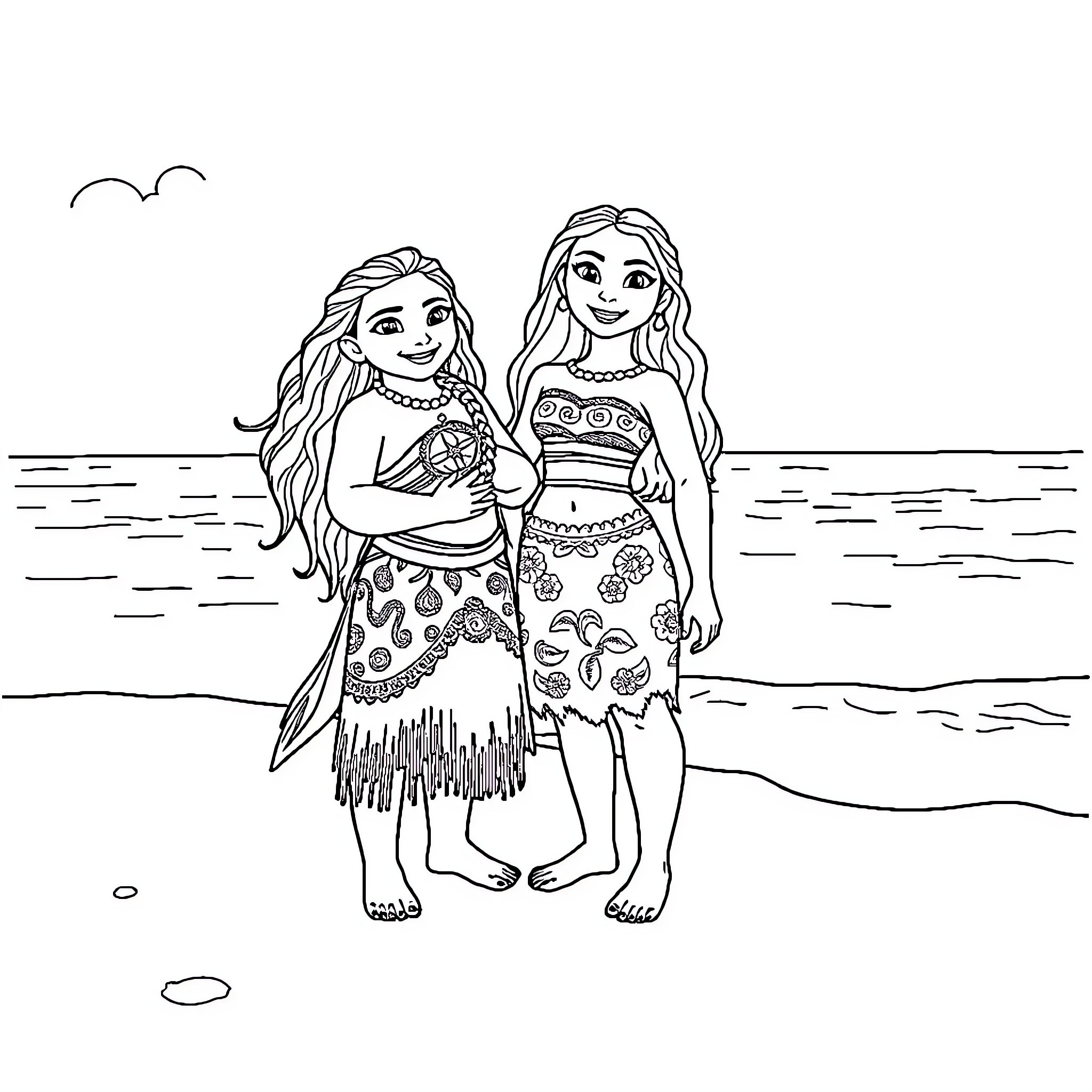 Moana and her friend explore the beach Coloring Page (free black-and-white line drawing printable PDF for all, from beginners to advanced learners, including children, teens, adults, and seniors)
