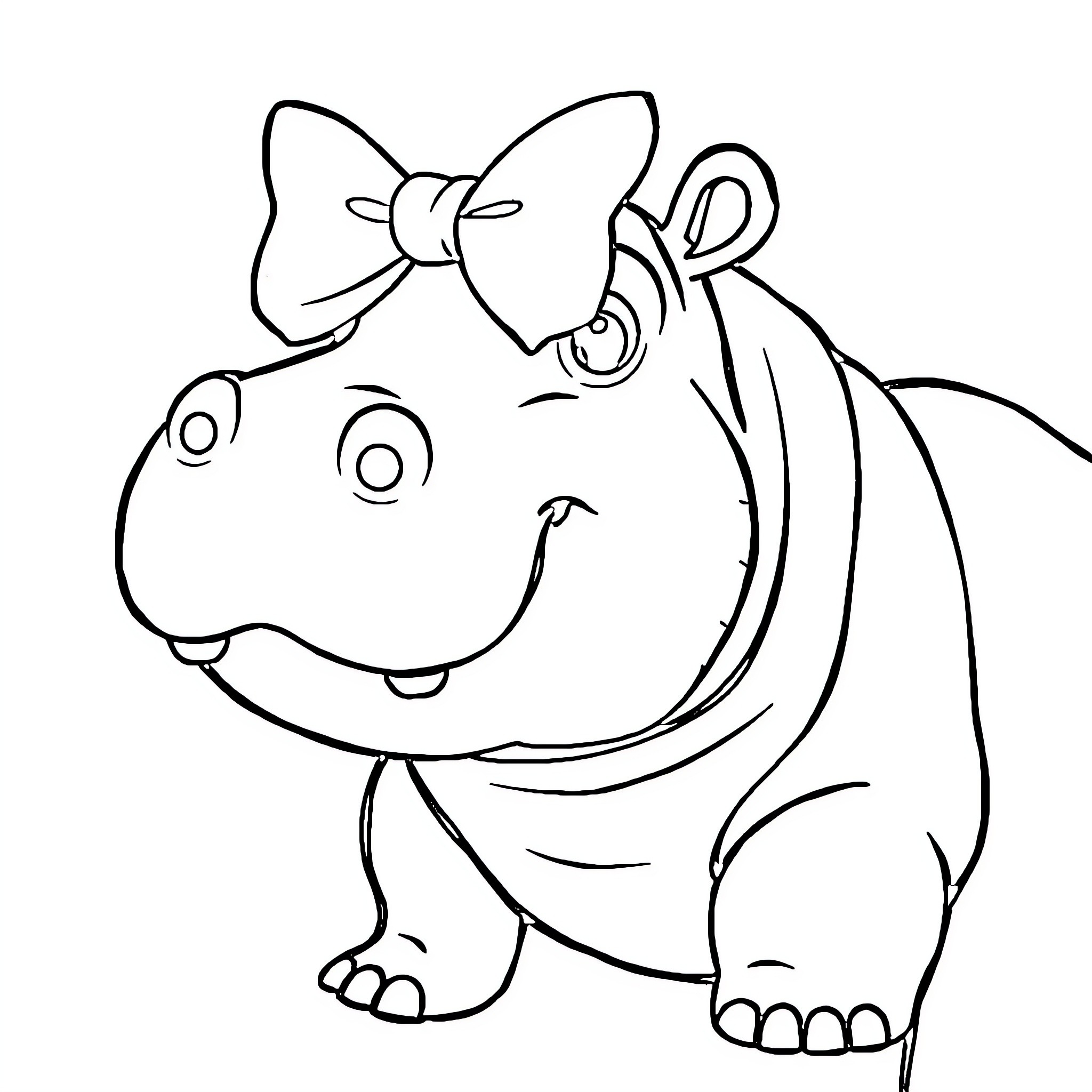 Hippo wearing a bow and smiling Coloring Page (free black-and-white line drawing printable PDF for all, from beginners to advanced learners, including children, teens, adults, and seniors)
