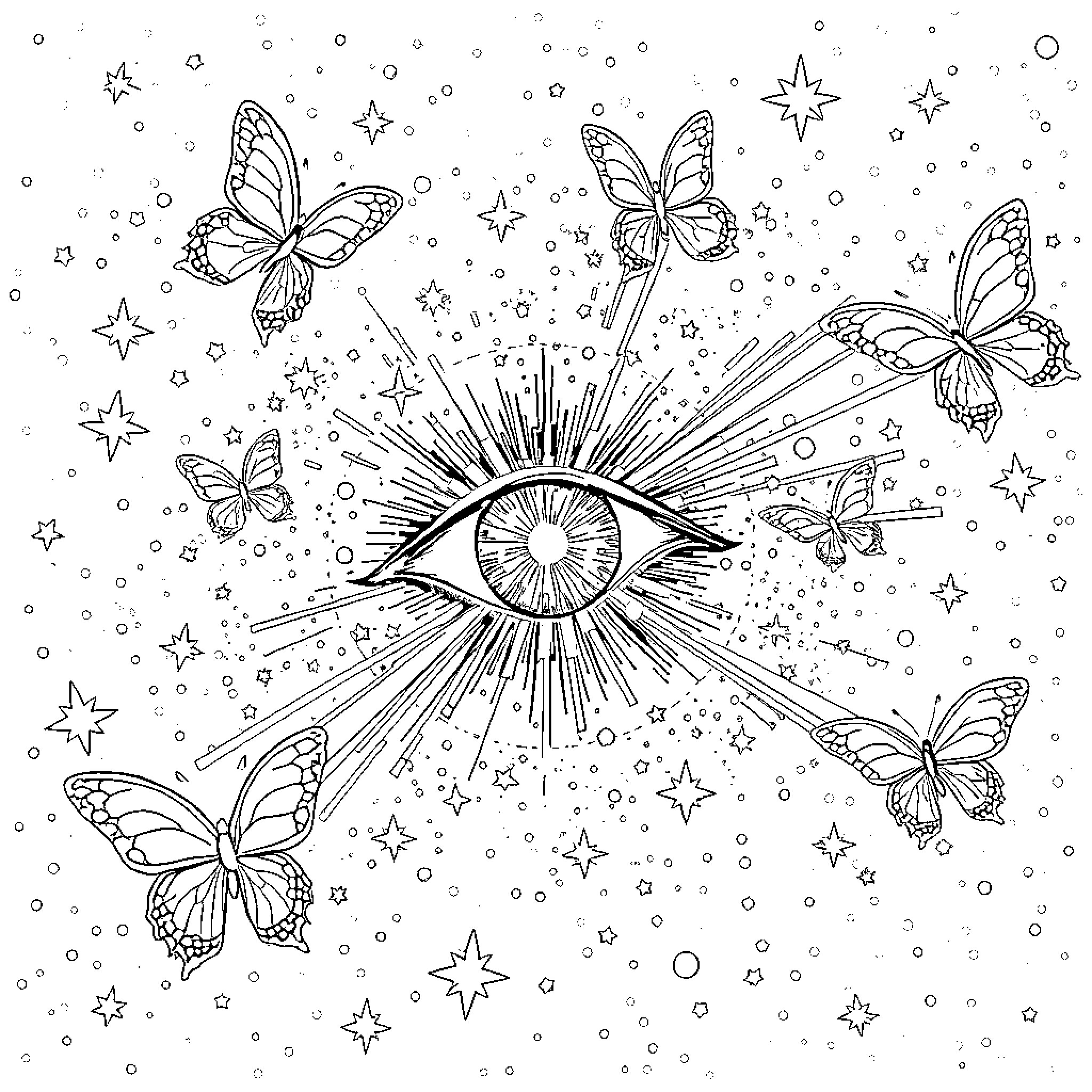 Eye-catching Butterflies Amid Cosmic Splendor Coloring Page (free black-and-white line drawing printable PDF for all, from beginners to advanced learners, including children, teens, adults, and seniors)