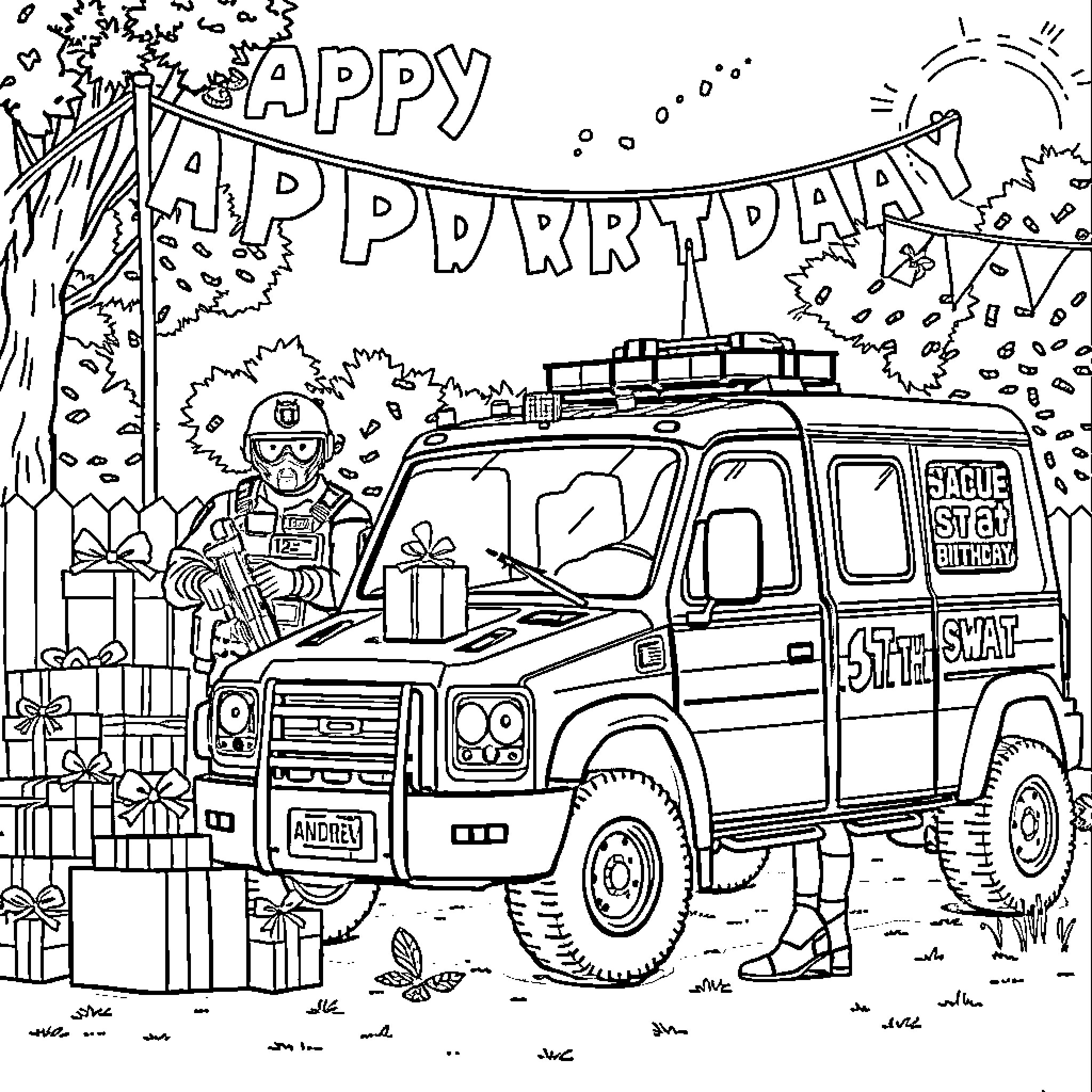 Swat team member celebrating birthday with military vehicle Coloring Page (free black-and-white line drawing printable PDF for all, from beginners to advanced learners, including children, teens, adults, and seniors)