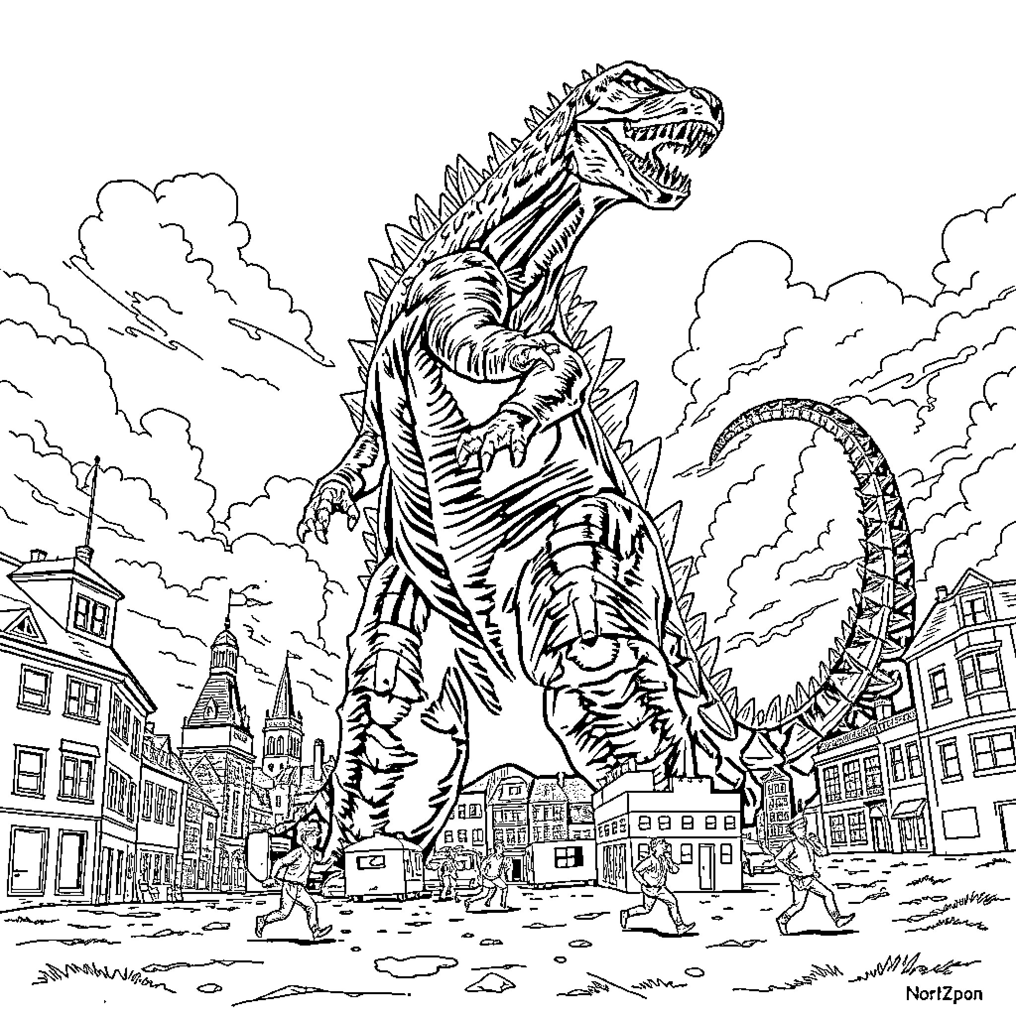 Godzilla rampaging through a city skyline Coloring Page (free black-and-white line drawing printable PDF for all, from beginners to advanced learners, including children, teens, adults, and seniors)