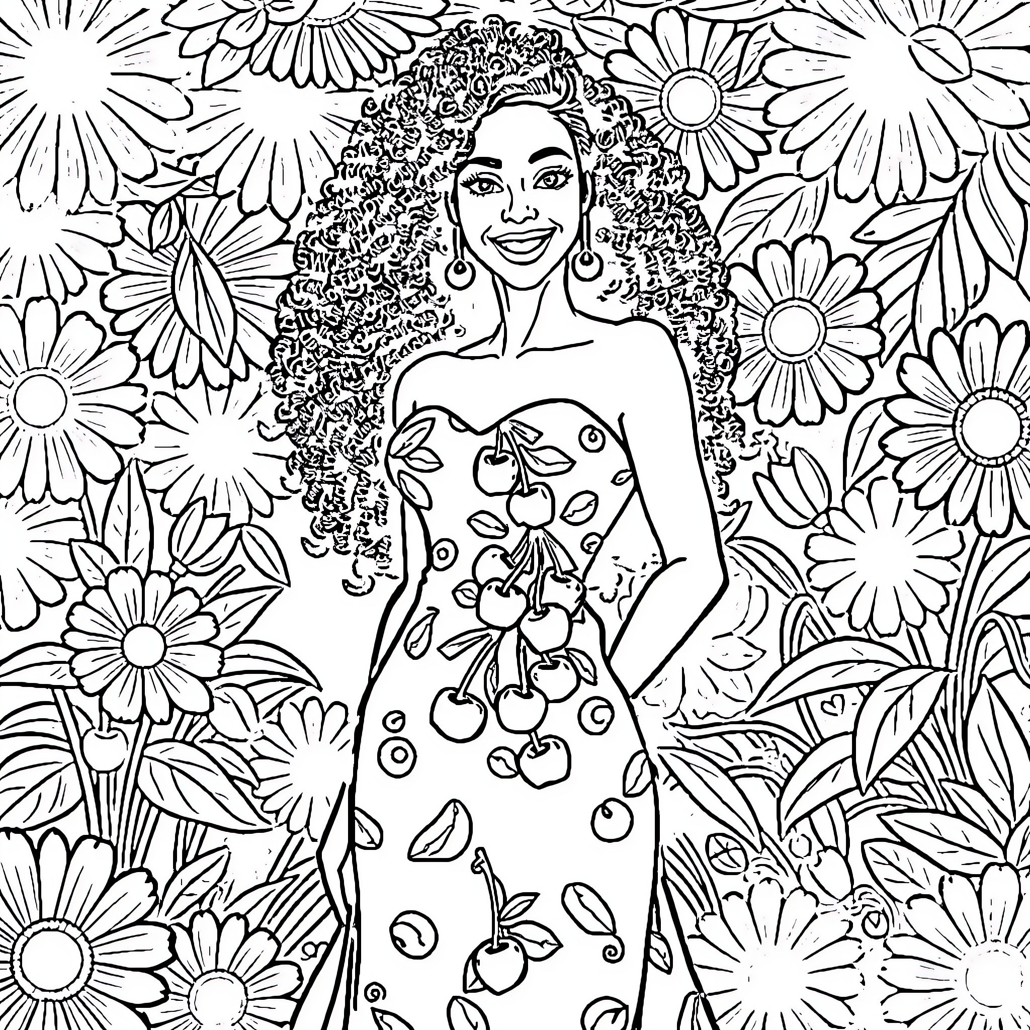 Boa Hancock surrounded by vibrant flowers Coloring Page (free black-and-white line drawing printable PDF for all, from beginners to advanced learners, including children, teens, adults, and seniors)