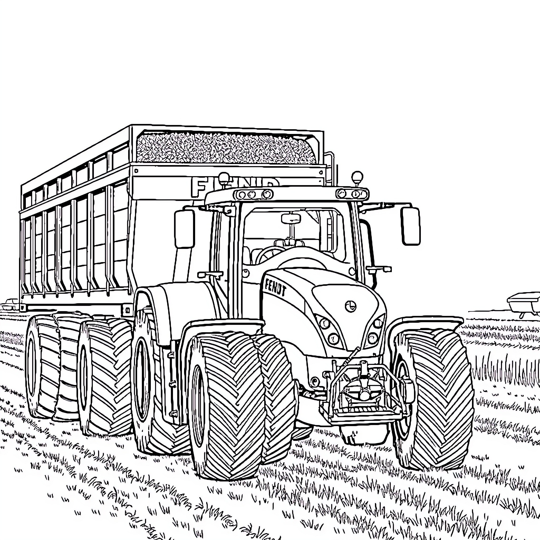 Fendt 924 agricultural machine at work on the field Coloring Page (free black-and-white line drawing printable PDF for all, from beginners to advanced learners, including children, teens, adults, and seniors)
