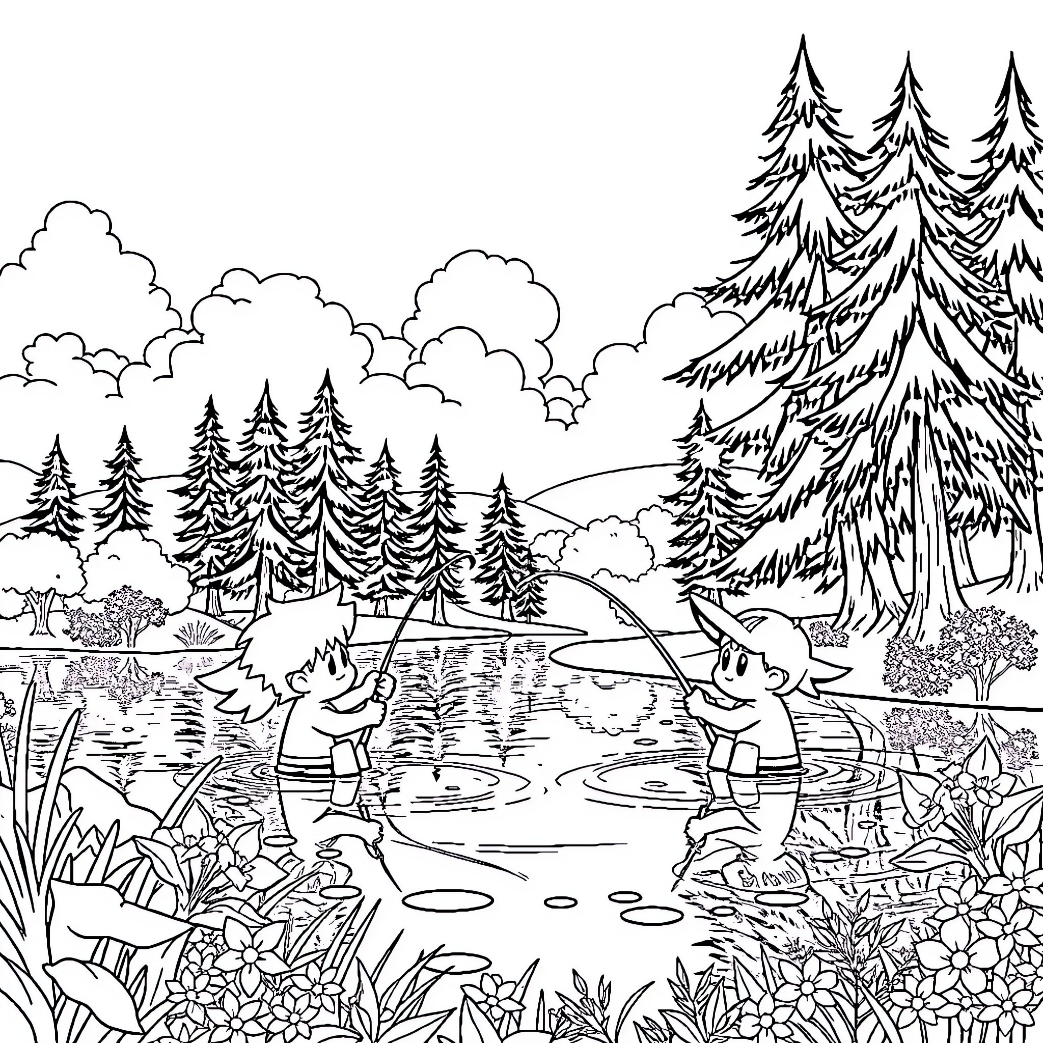 Brawlstars Figures Fishing and Exploring Nature Coloring Page (free black-and-white line drawing printable PDF for all, from beginners to advanced learners, including children, teens, adults, and seniors)