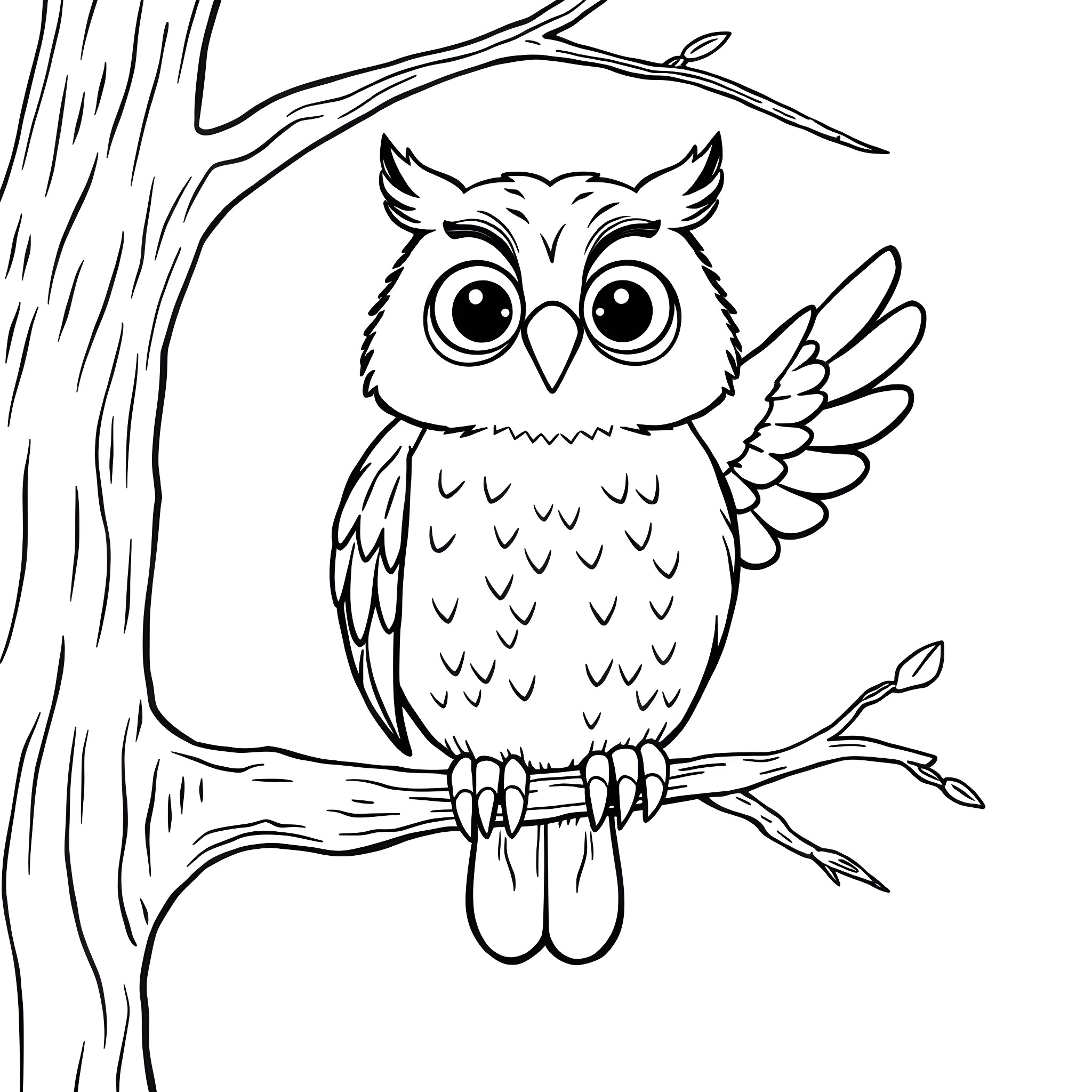 Owl perched on a tree branch Coloring Page (free black-and-white line drawing printable PDF for all, from beginners to advanced learners, including children, teens, adults, and seniors)