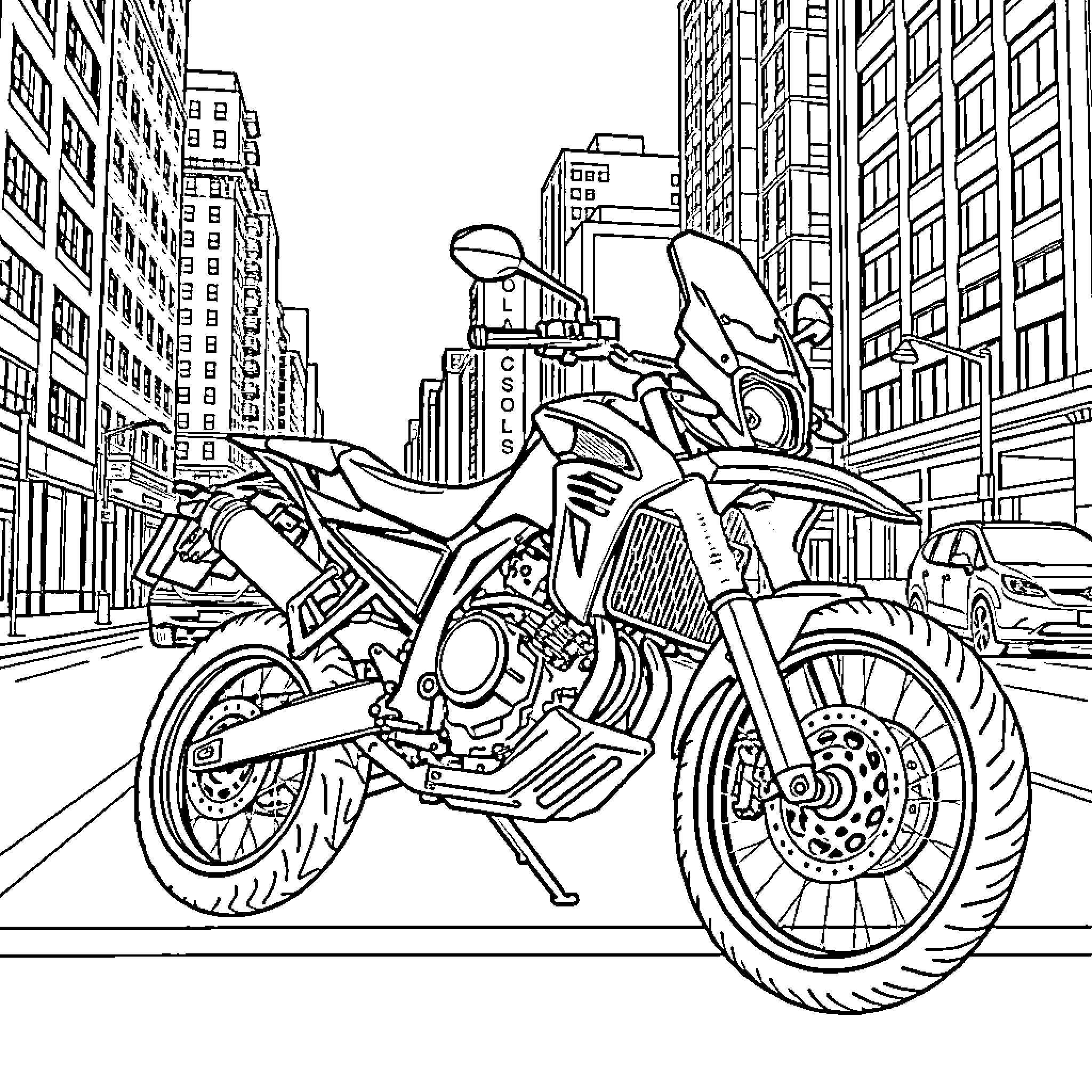 Transformer Motorcycle Navigating City Streets Coloring Page (free black-and-white line drawing printable PDF for all, from beginners to advanced learners, including children, teens, adults, and seniors)