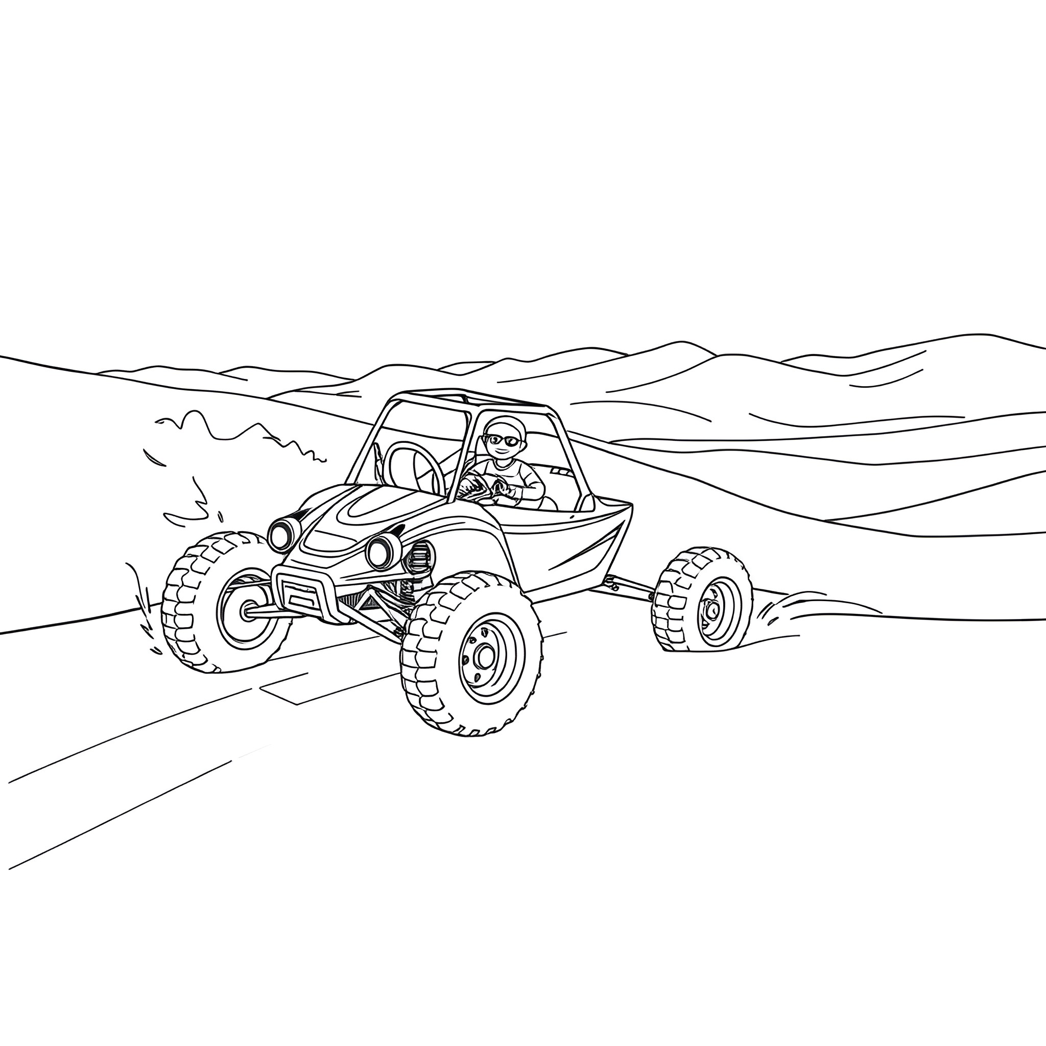 Spider Off-Road Buggy Adventure Coloring Page (free black-and-white line drawing printable PDF for all, from beginners to advanced learners, including children, teens, adults, and seniors)