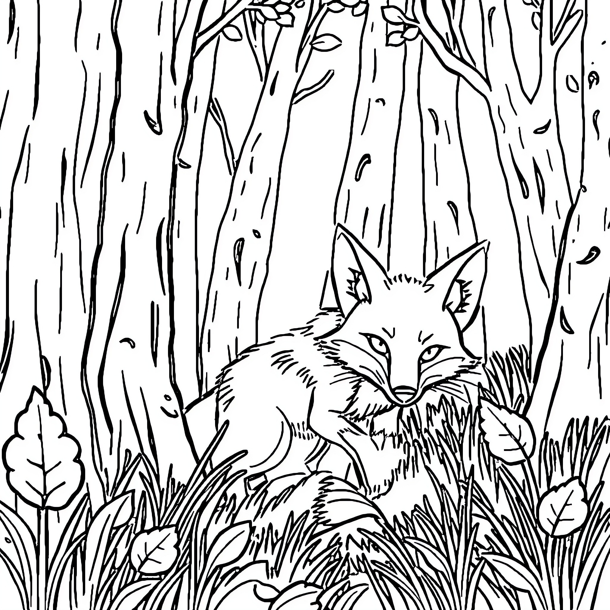 Fox prowling stealthily through the forest Coloring Page (free black-and-white line drawing printable PDF for all, from beginners to advanced learners, including children, teens, adults, and seniors)