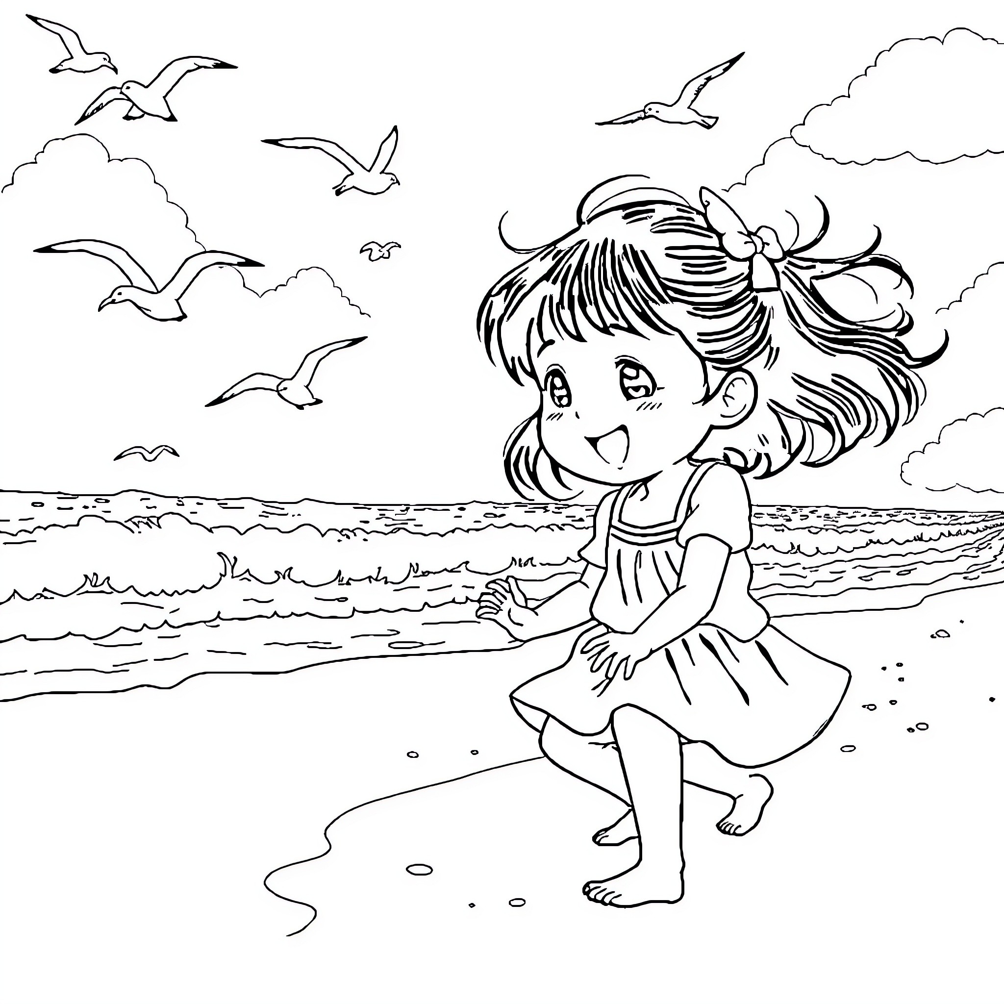 Girl playing joyfully on the beach with seagulls Coloring Page (free black-and-white line drawing printable PDF for all, from beginners to advanced learners, including children, teens, adults, and seniors)