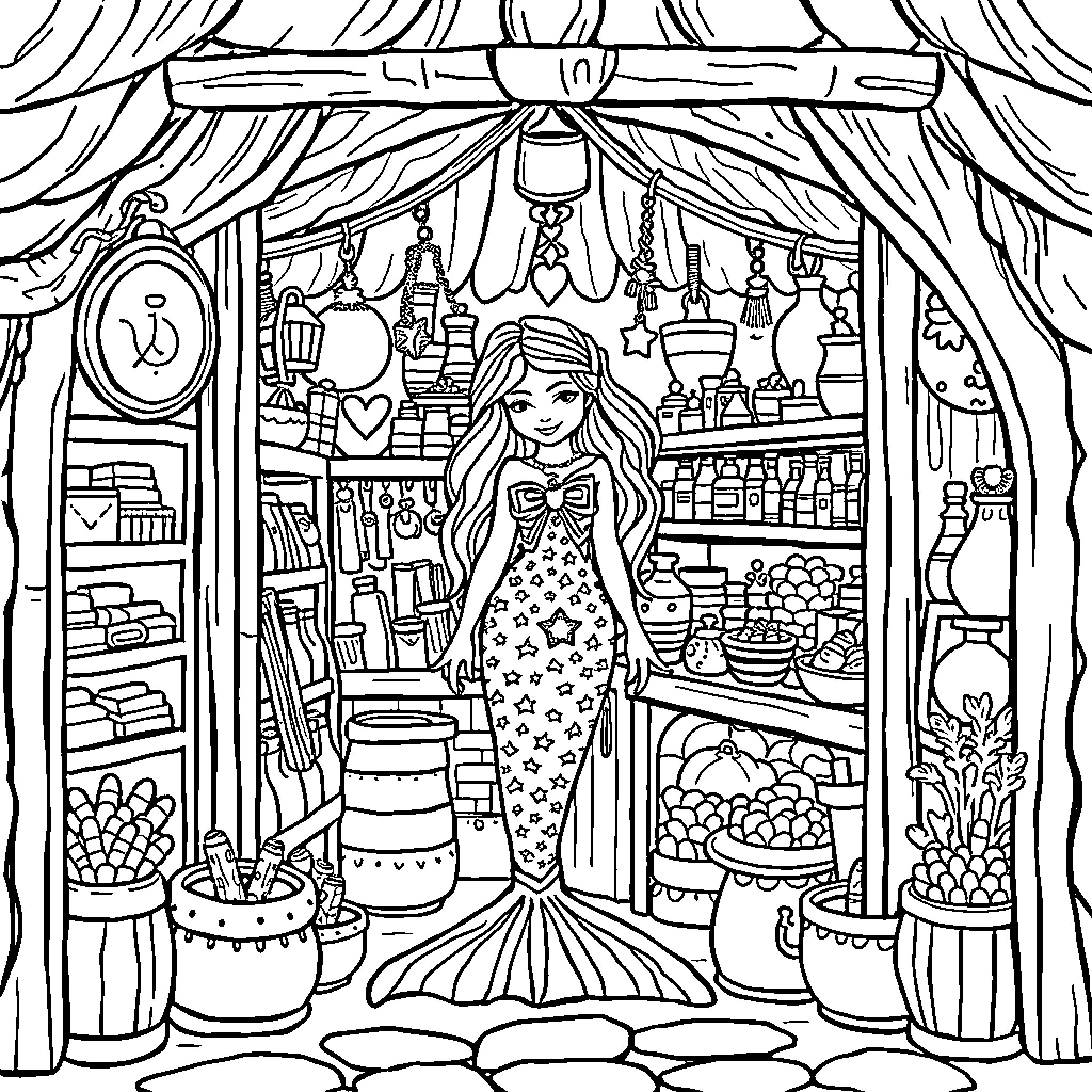 Siren in a magical shop of wonders Coloring Page (free black-and-white line drawing printable PDF for all, from beginners to advanced learners, including children, teens, adults, and seniors)