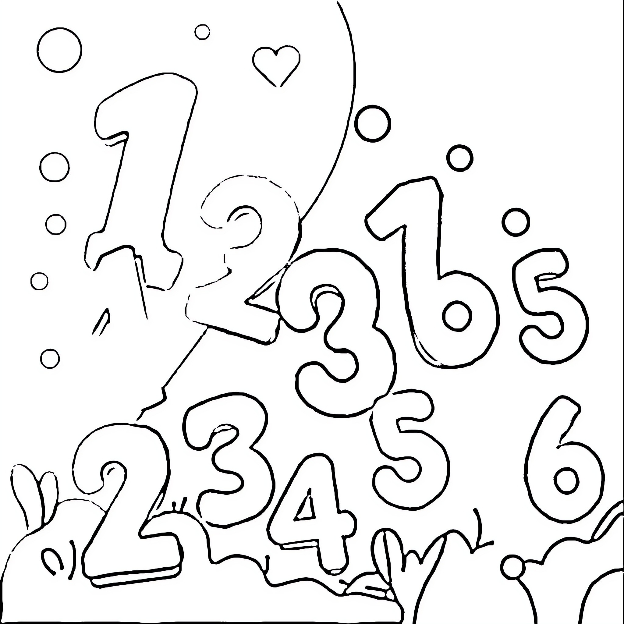 Number Playful Digits and Shapes Coloring Page (free black-and-white line drawing printable PDF for all, from beginners to advanced learners, including children, teens, adults, and seniors)