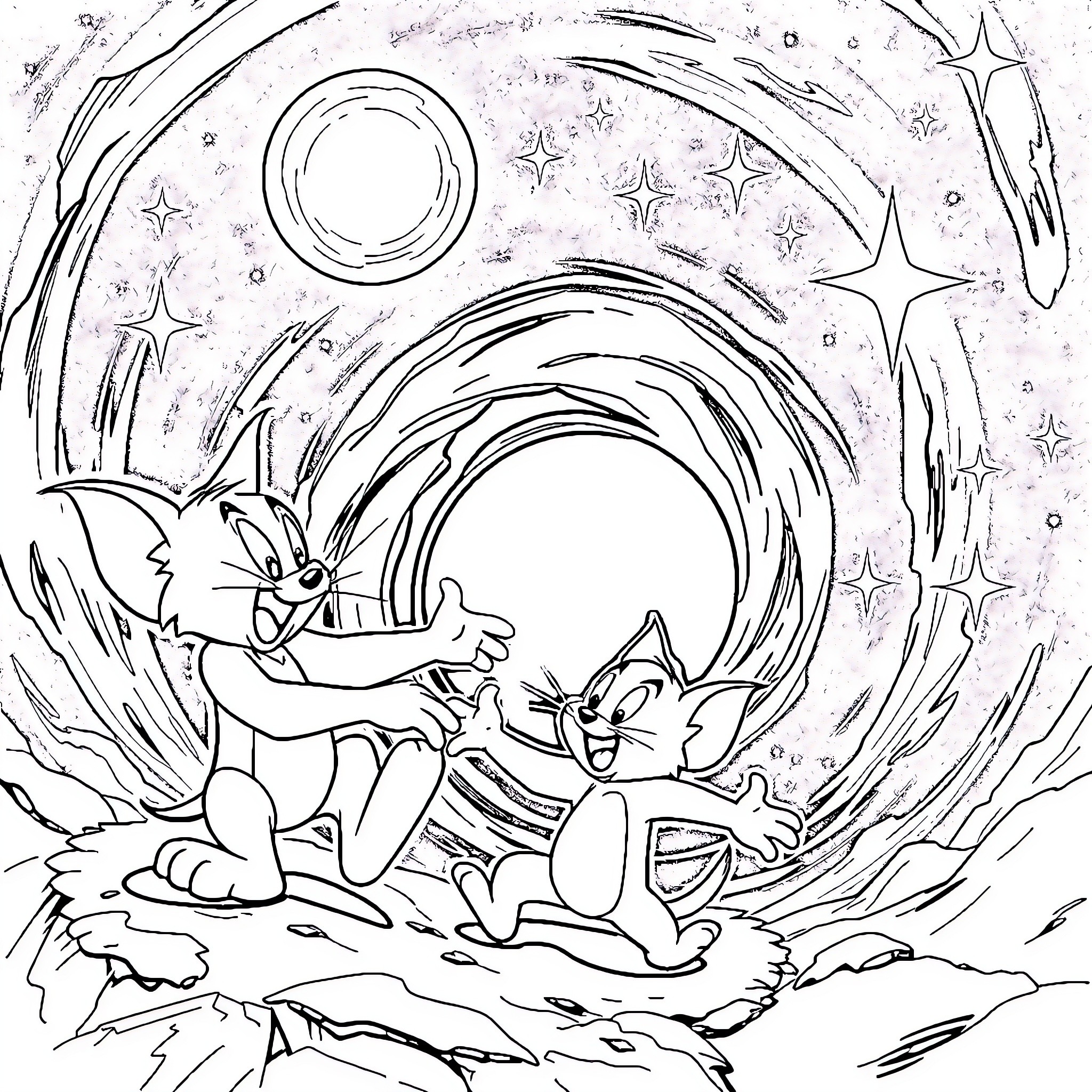 Tom and Jerry's Cosmic Adventure Coloring Page (free black-and-white line drawing printable PDF for all, from beginners to advanced learners, including children, teens, adults, and seniors)
