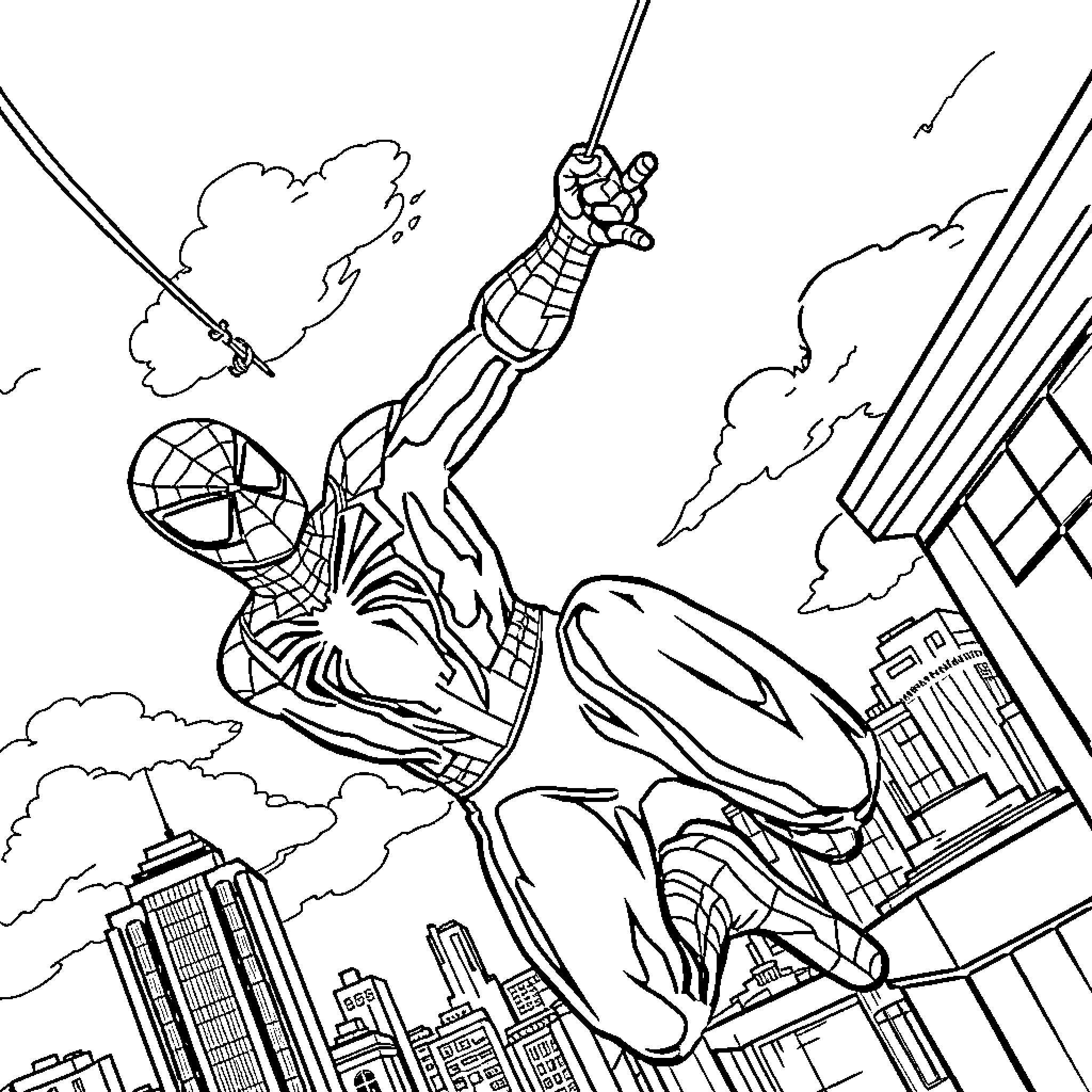 Spiderman swinging heroically through the city skyline Coloring Page (free black-and-white line drawing printable PDF for all, from beginners to advanced learners, including children, teens, adults, and seniors)