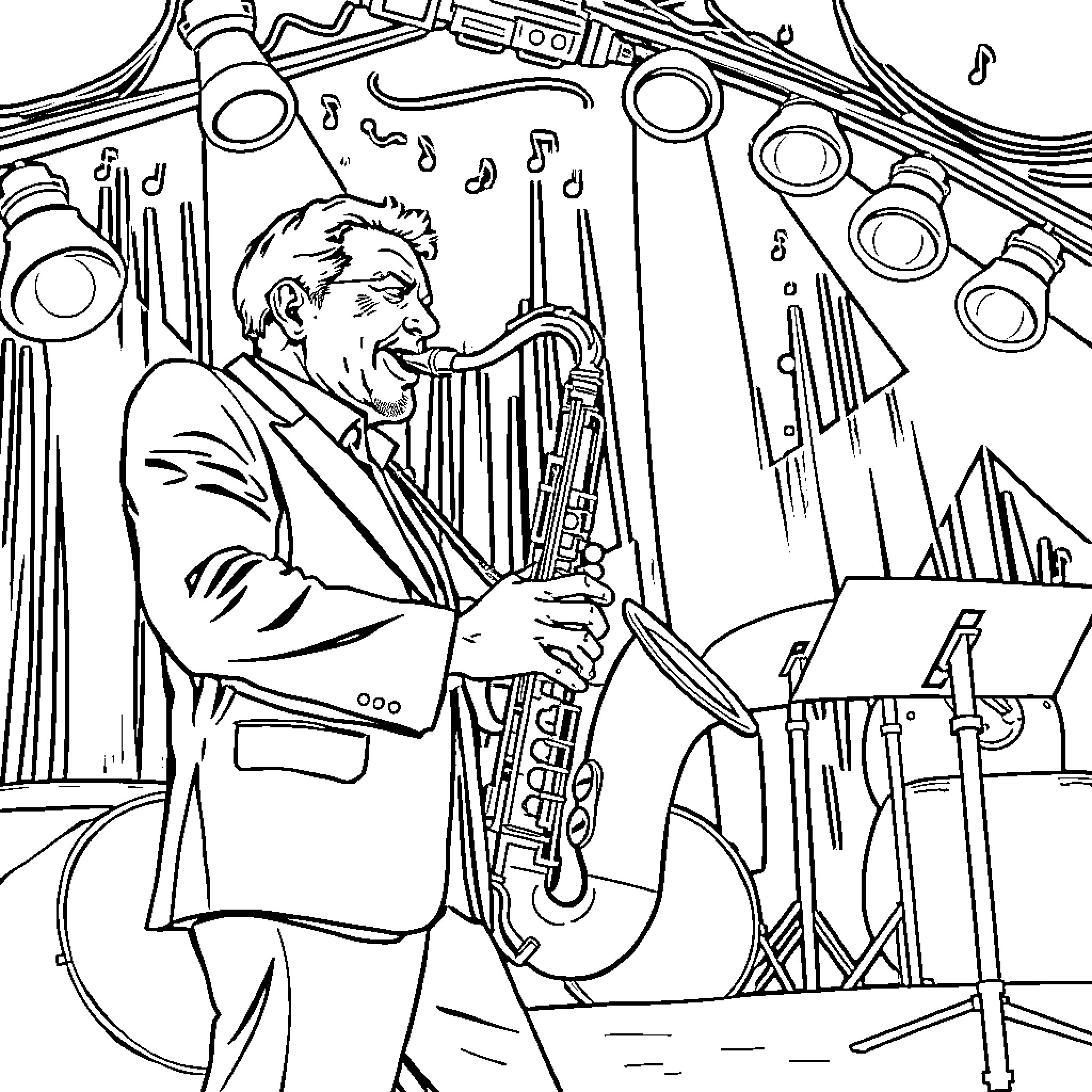 Saxophone player performing on stage Coloring Page (free black-and-white line drawing printable PDF for all, from beginners to advanced learners, including children, teens, adults, and seniors)