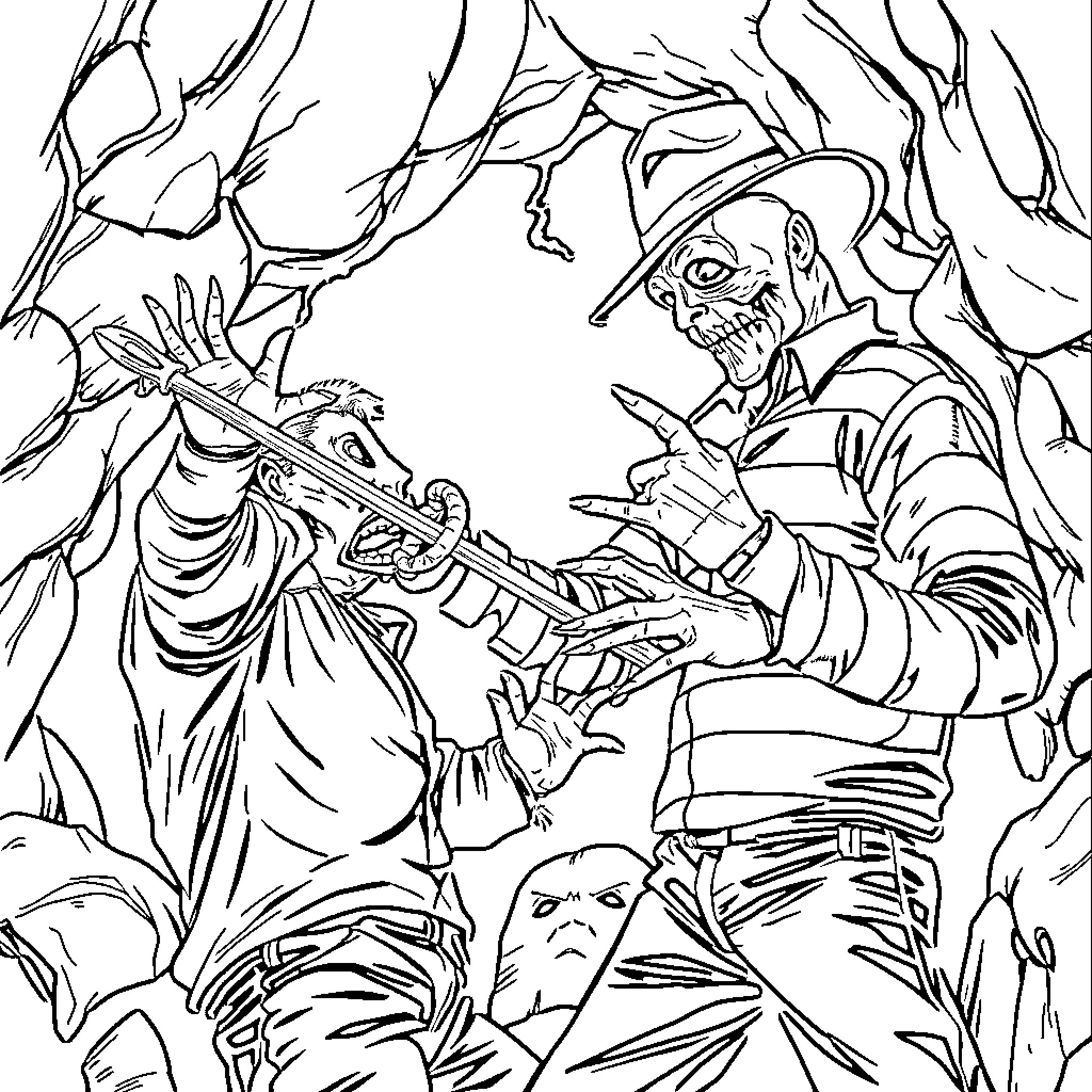 Jason battles fearsome creatures in the dark forest Coloring Page (free black-and-white line drawing printable PDF for all, from beginners to advanced learners, including children, teens, adults, and seniors)