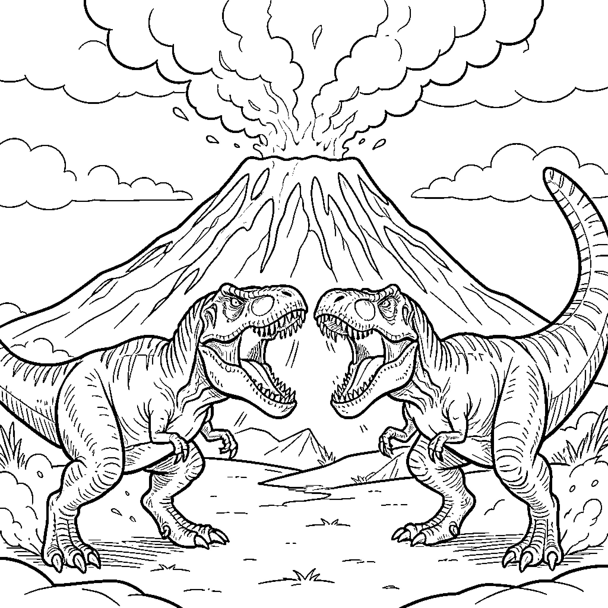 T-Rex siblings roaring at erupting volcano Coloring Page (free black-and-white line drawing printable PDF for all, from beginners to advanced learners, including children, teens, adults, and seniors)