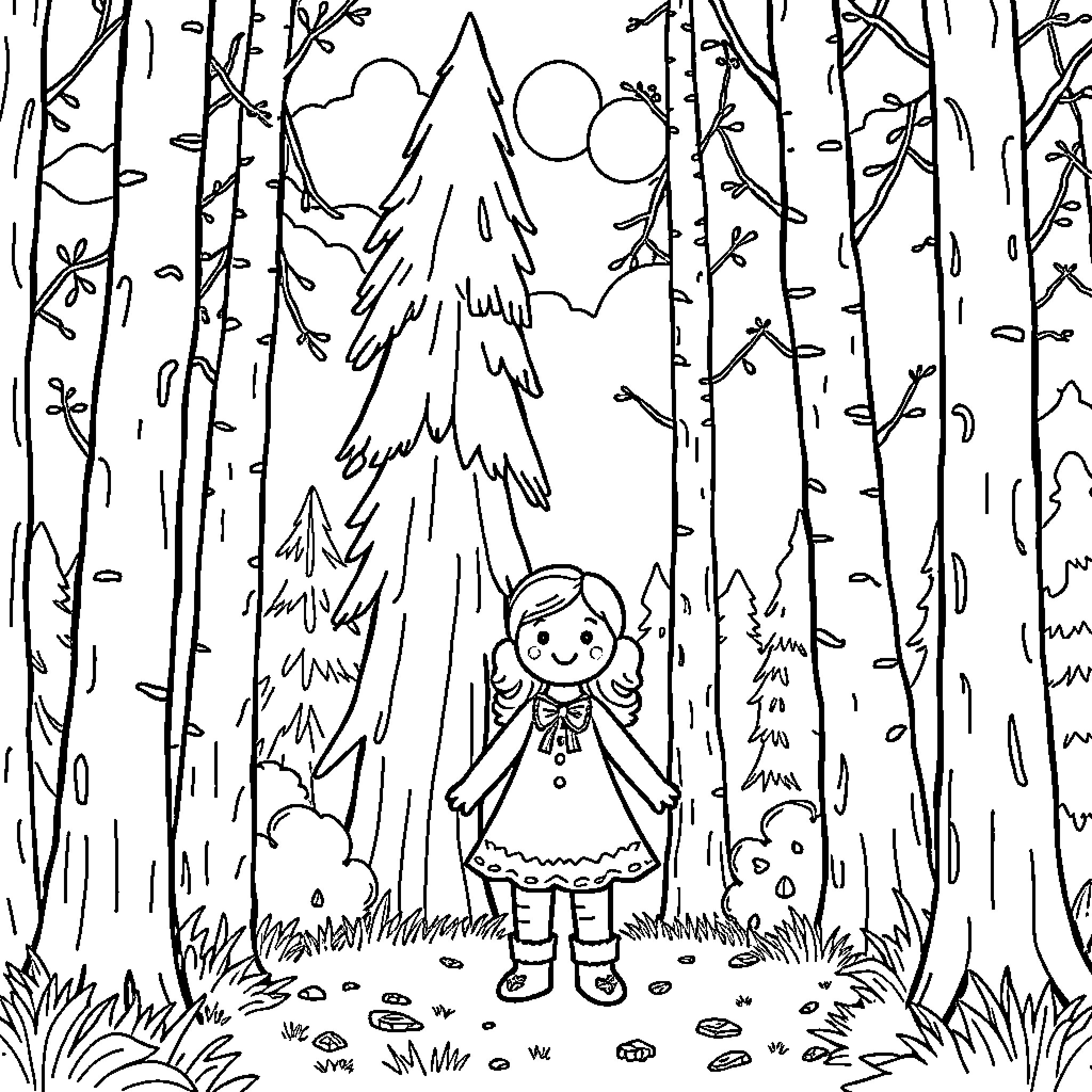 Gingerbread Girl Exploring Enchanted Forest Landscape Coloring Page (free black-and-white line drawing printable PDF for all, from beginners to advanced learners, including children, teens, adults, and seniors)