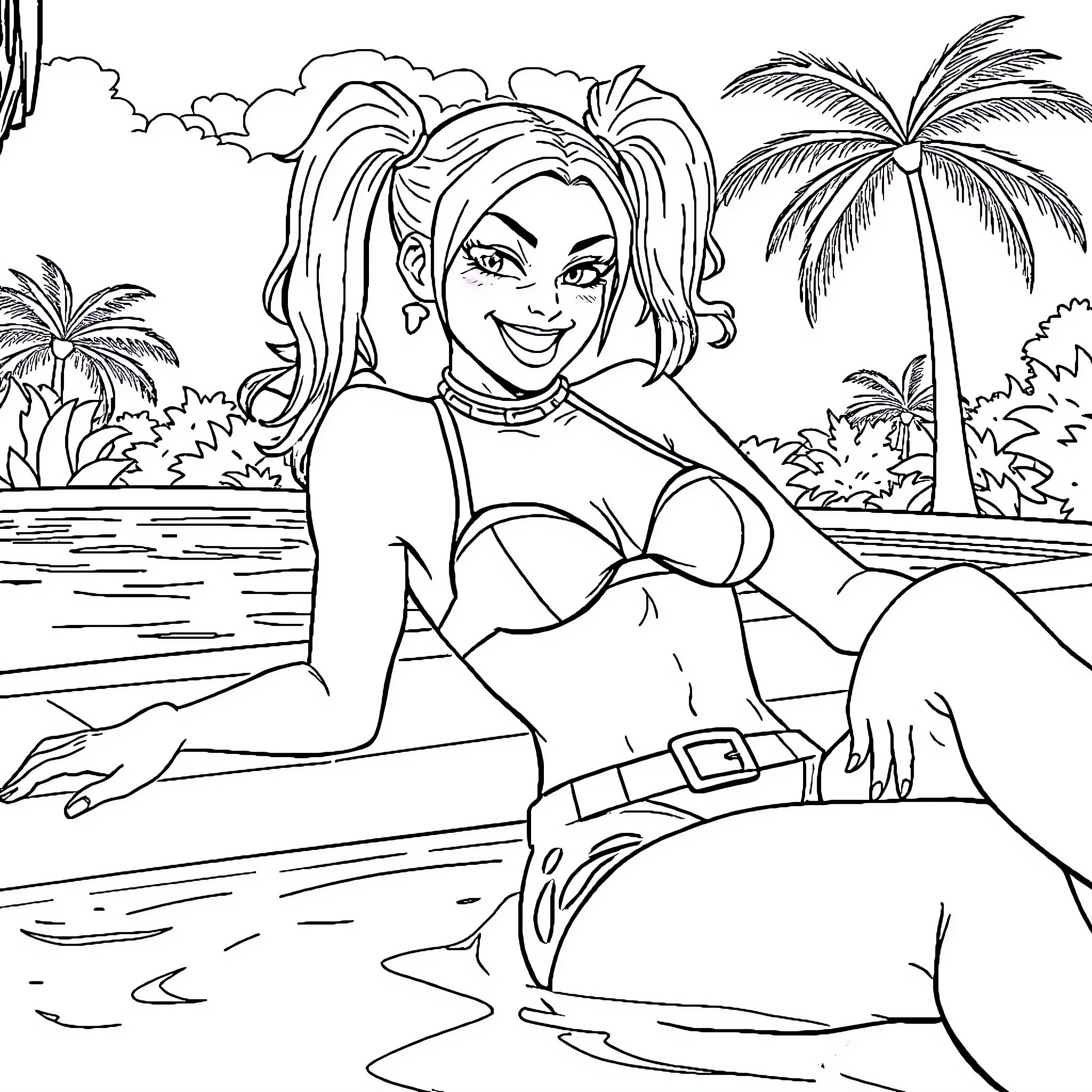 Harley Quinn enjoys a relaxing day at the beach Coloring Page (free black-and-white line drawing printable PDF for all, from beginners to advanced learners, including children, teens, adults, and seniors)